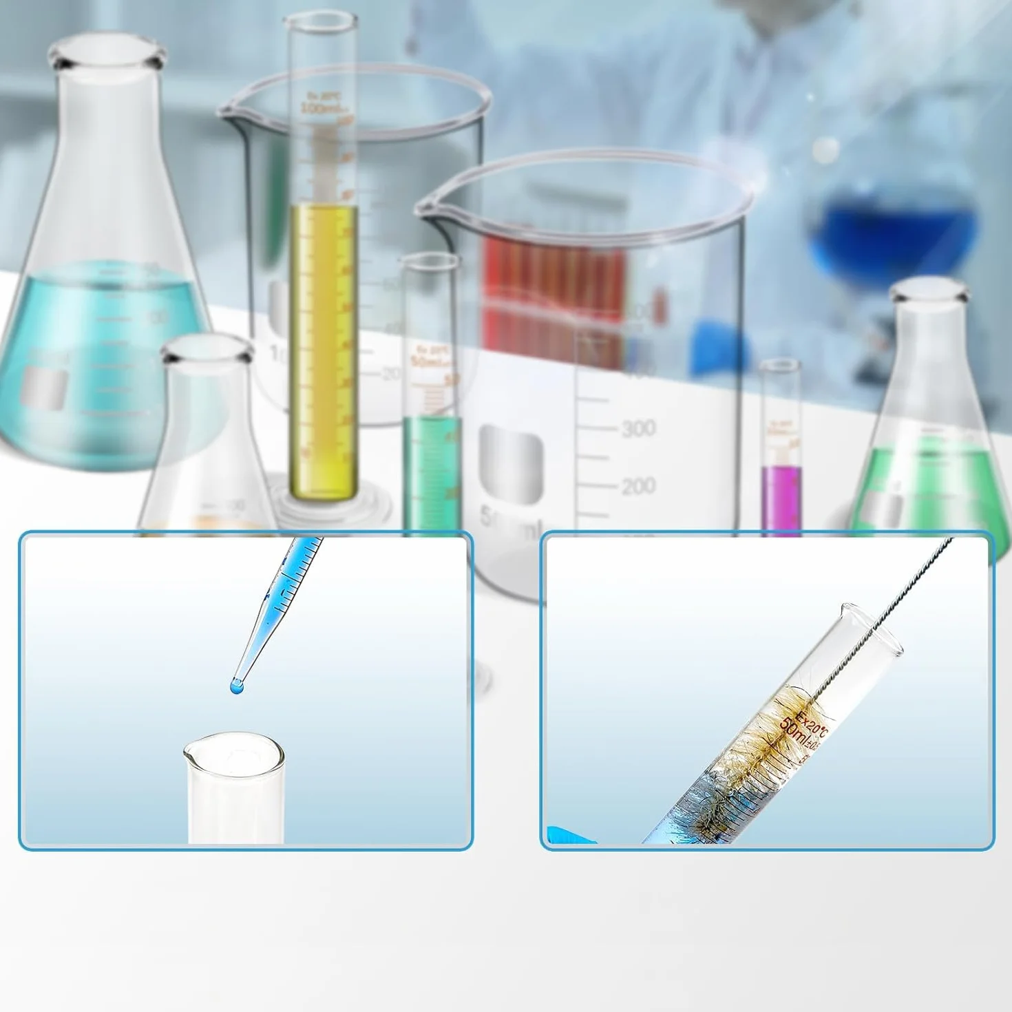 4-stopniowy zestaw zlewek Erlenmeyer, zestaw cylindrów z miarką, 3 szklane cylindry z 3 stożkowymi buteleczkami, z 3 szklanymi pipetami, 2 szklane mieszadła i 2 szczotki do mycia