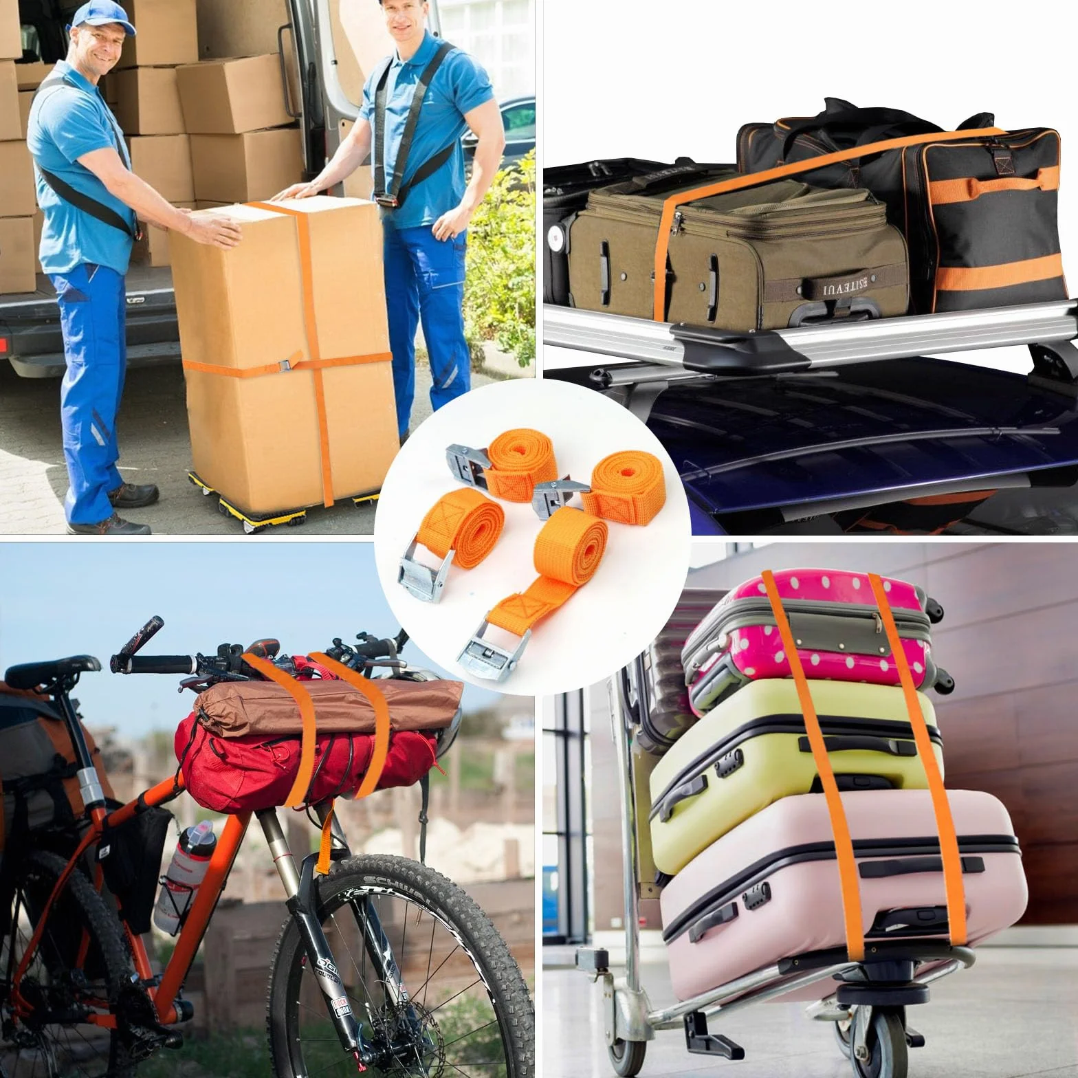 4 krótkie, regulowane pasy cargo, wytrzymałe pasy mocujące do roweru, 2 cm x 1 m, z zamkiem zaciskowym, pasek zapadkowy z haczykami, pasy mocujące do motocykli (pomarańczowe)