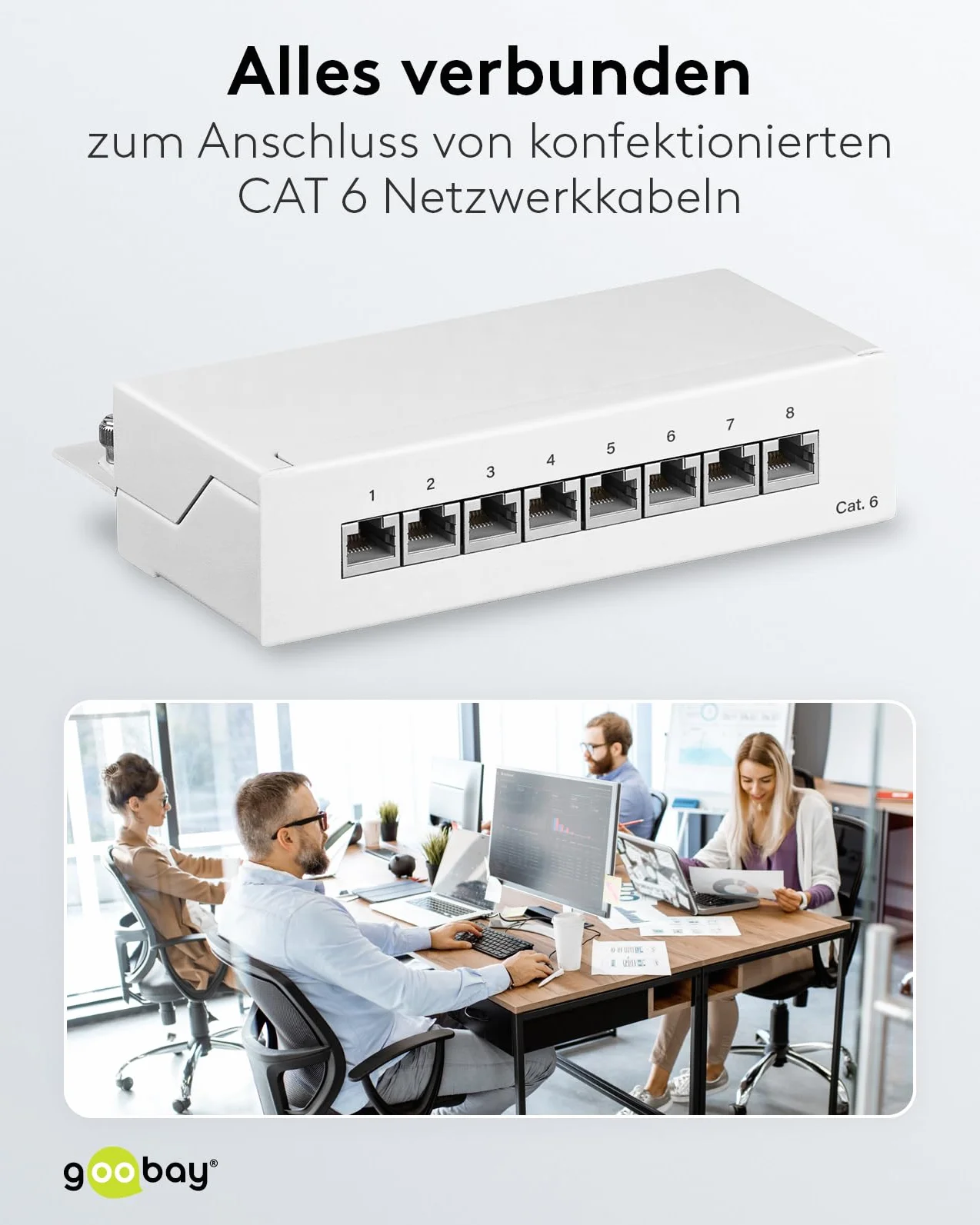 Goobay 62069 CAT 6 Patch Panel 8 portów/gniazda RJ45 wtyczka sieciowa / 250 MHz LAN panel krosowy/panel rozdzielający 1 HE/Mini Desktop panel krosowy montaż ścienny/biały