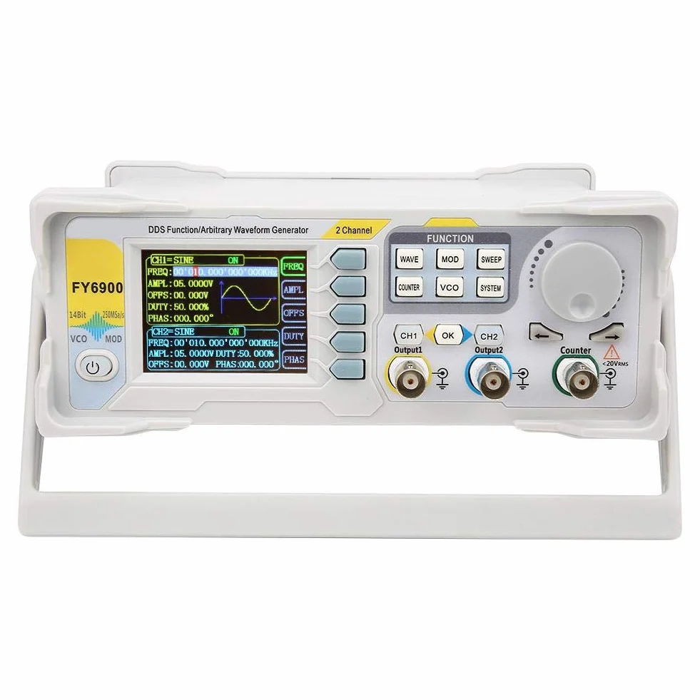 Cyfrowy generator sygnału, FY6900 Sinus 0-30 MHz 2,4-calowy wyświetlacz TFT z funkcją DDS, generatory źródeł impulsów kształtu fali, miernik częstotliwości 250 MSa/s VCO-Burst-AM/PM/FM/ASK/FSK/PSK