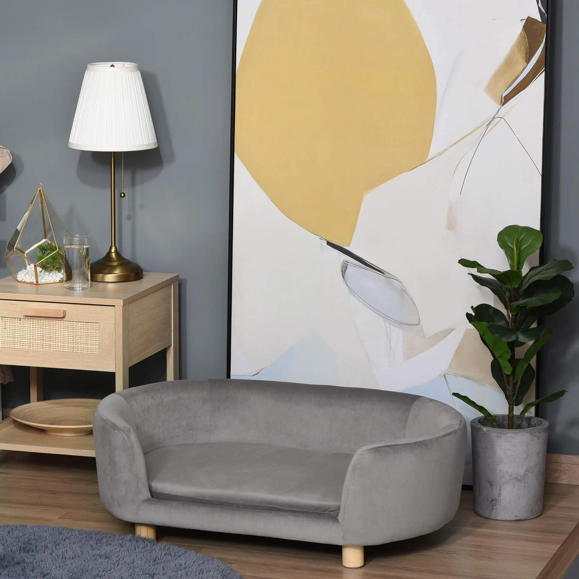 PawHut Sofa dla zwierząt domowych Sofa dla psa Legowisko dla psa holenderski aksamit pianka nogi brzozowe dla kotów psów 86 x 55 x 33 cm jasnoszary