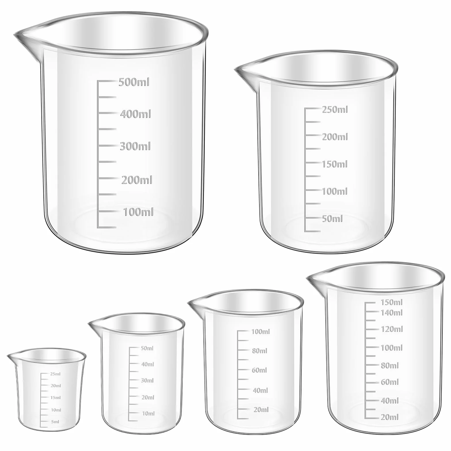 Zestaw 6 kubków miarowych Measuring Cups, kubki miarowe 25ml 50ml 100ml 150ml 250ml 500ml, precyzyjne odporne na wysokie temperatury z tworzywa sztucznego kubki miarowe ml ze skalą, do laboratorium