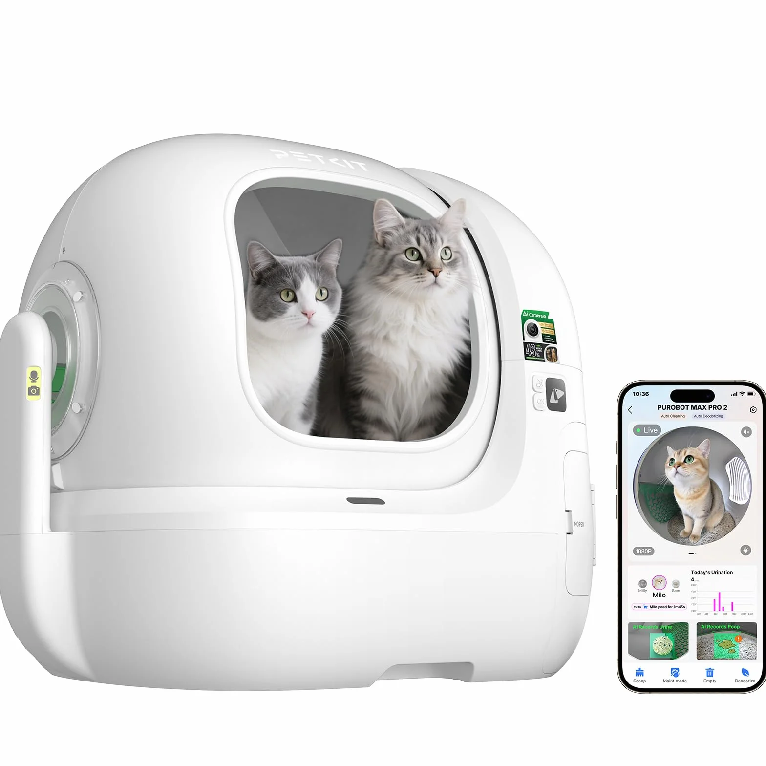 PETKIT PUROBOT MAX PRO 2 Samoczyszcząca Kuweta dla Kota, Większe Wejście, Kamera AI, Automatyczna Kuweta dla Kota, 2.4G i 5G Wifi, Kontrola Aplikacji, Eliminacja Zapachów, 76L, dla Różnych Kotów