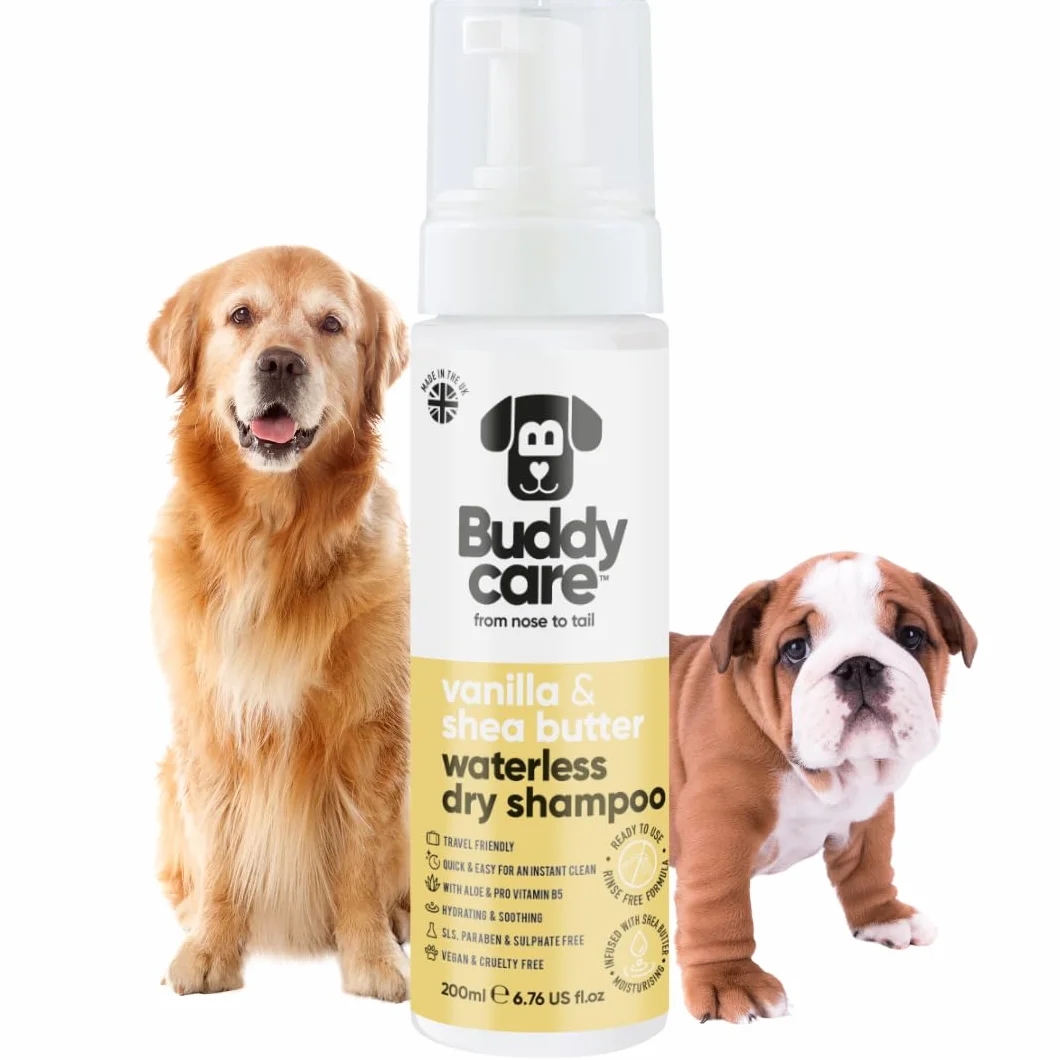 Buddycare Bezwodny, suchy szampon dla psów (200 ml) | Wanilia i masło shea szampon dla psów bez spłukiwania do skóry wrażliwej, naturalny, łatwy w użyciu dla świeżego, czystego sierści