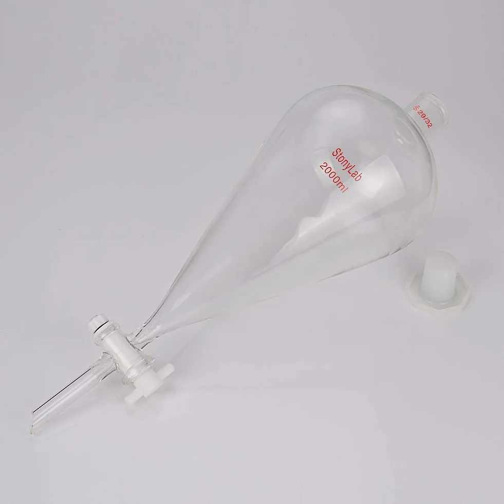 StonyLab Szkło borokrzemowe 2000 ml ciężki lejek separacyjny ze stożkiem 29/32 przegubami i korek PTFE, 2 l (2 litry)