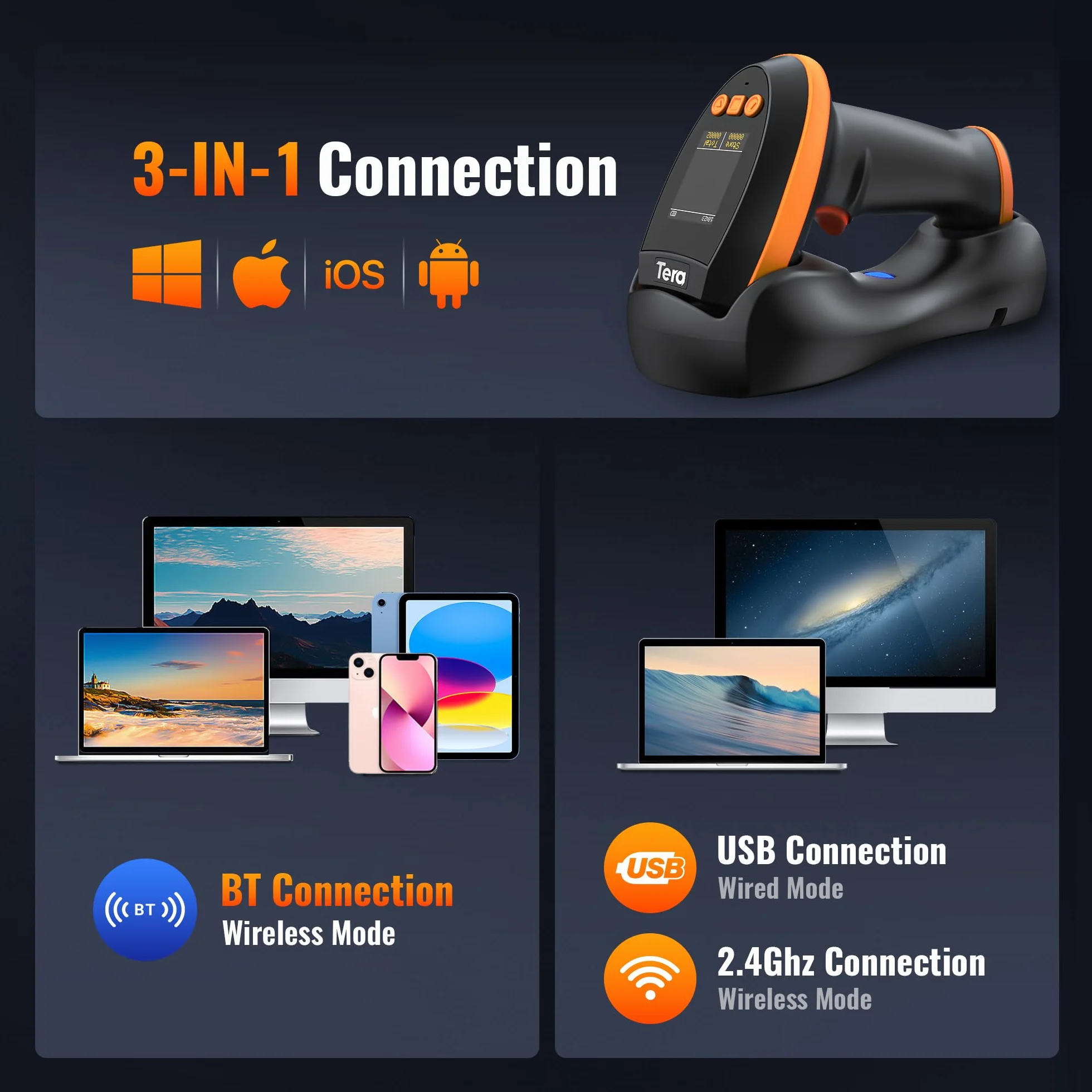 Tera Skaner kodów kreskowych 1D 2D QR Bluetooth 2.4G bezprzewodowy USB