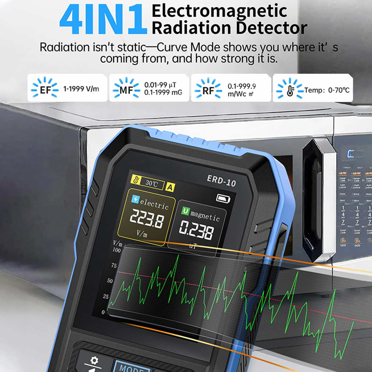 EMF miernik smogu elektromagnetycznego 3 w 1, miernik promieniowania EF MF RF, automatyczny alarm w przypadku przekroczenia normy, kolorowy ekran TFT do domu, biura i pokoju dziecięcego.