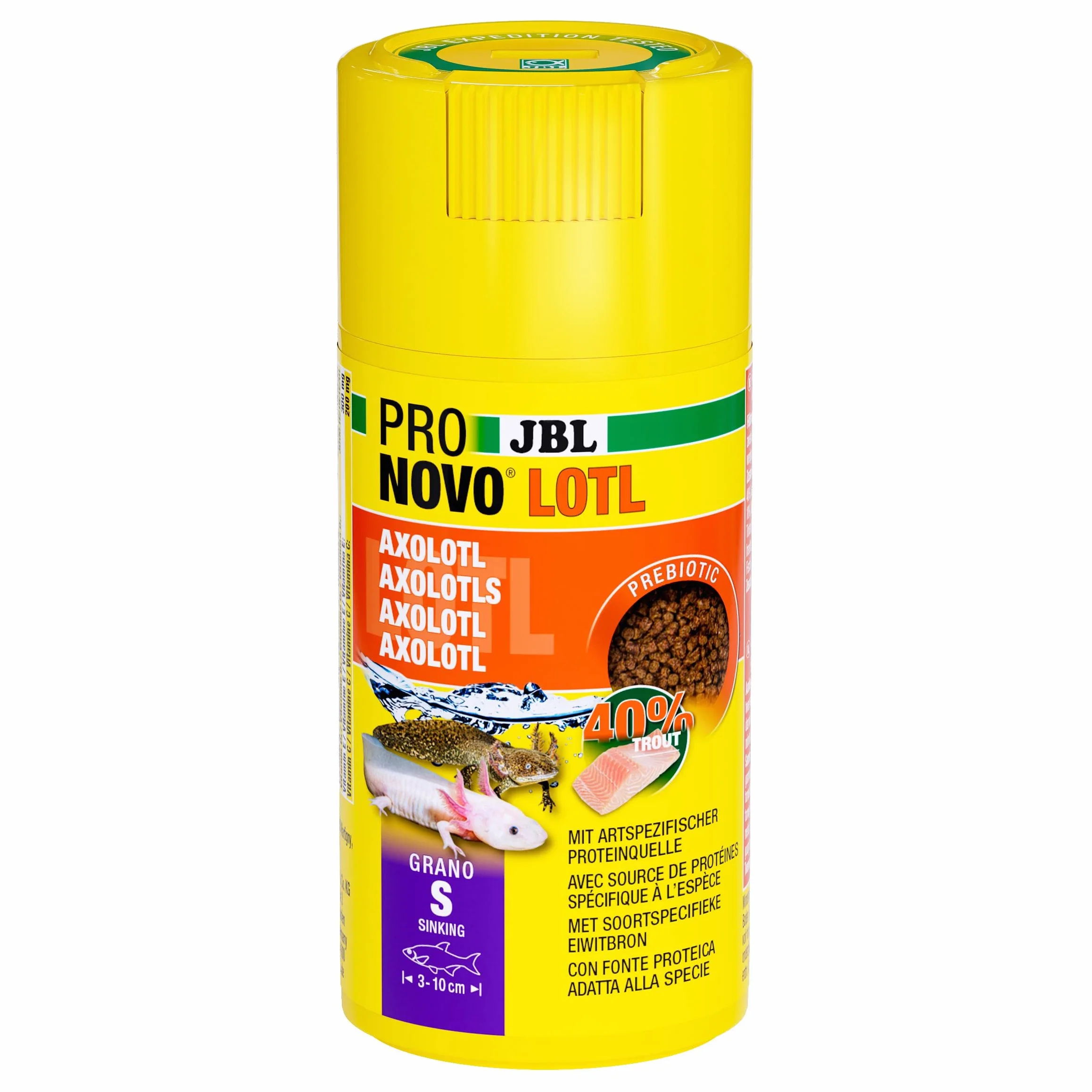 JBL PRONOVO LOTL GRANO, główny pokarm do Axolotl 3-10 cm, dozownik na klik, granulat do karmy dla ryb, rozmiar S, 100 ml
