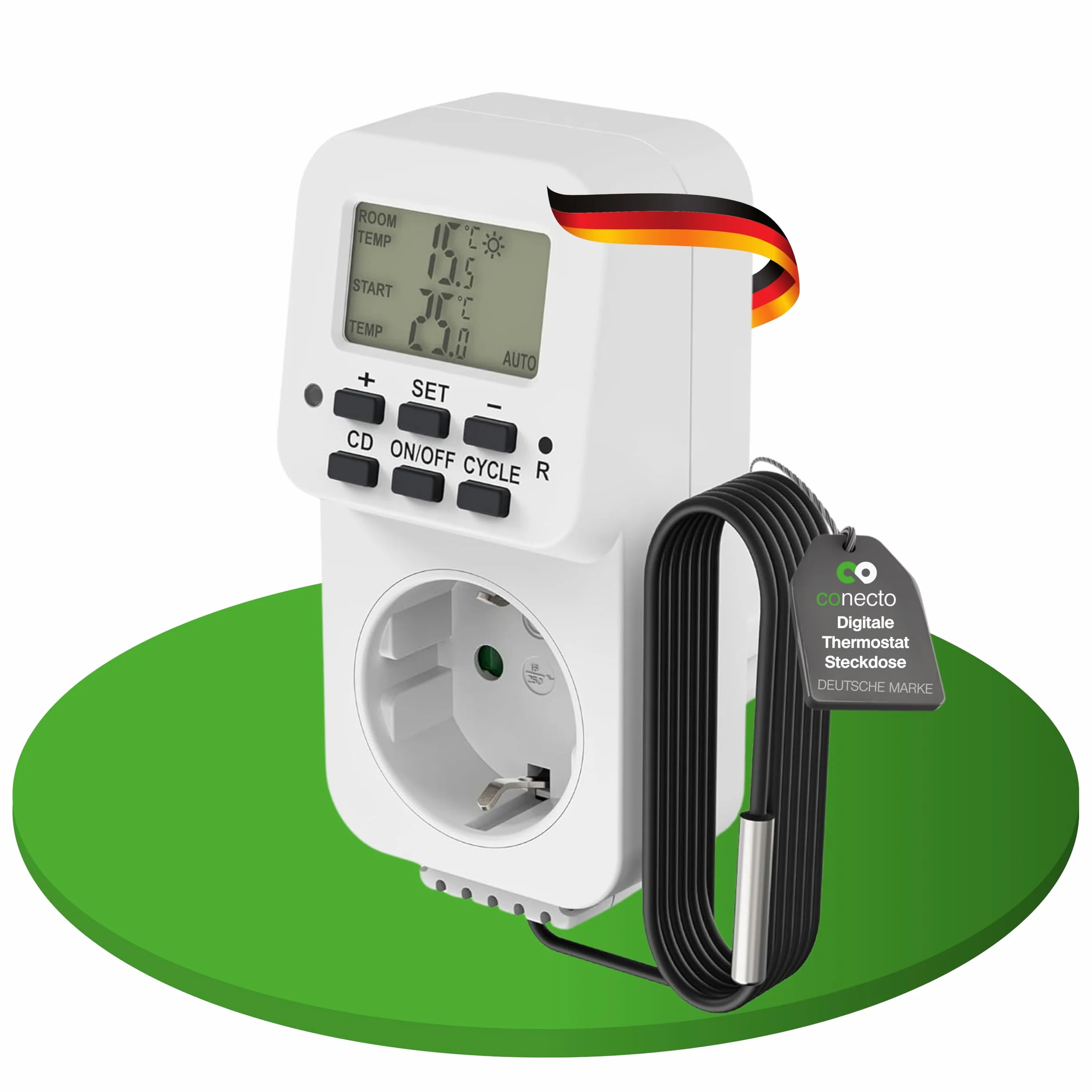 conecto Cyfrowy termostat z czujnikiem zewnętrznym i timerem do terrarium, szklarni, palacza, ogrzewania, regulator temperatury, mróz, 3600 W, biały
