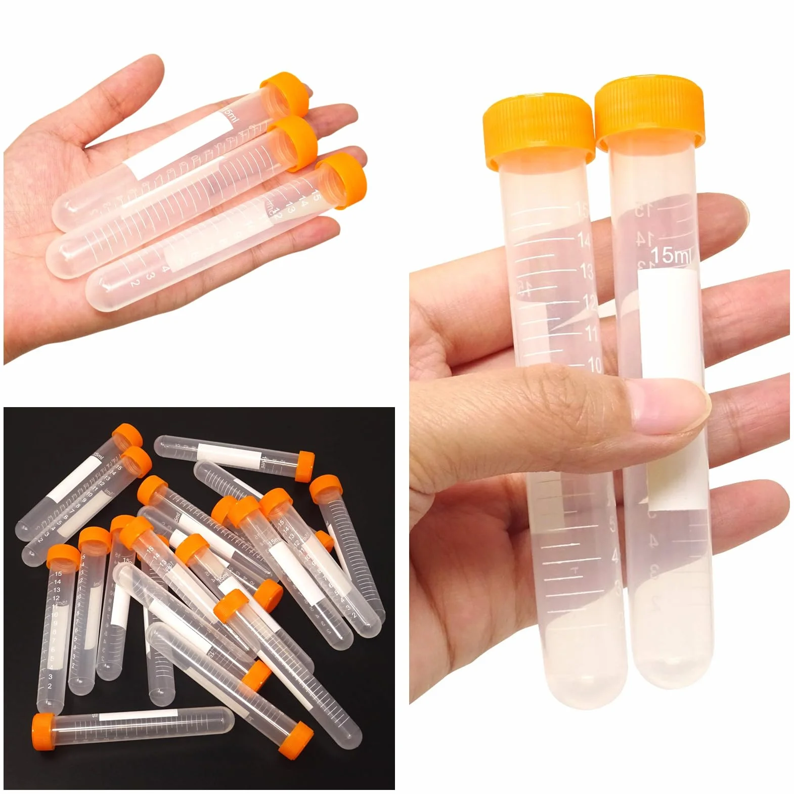 HUAZIZ Zapasy laboratoryjne 20 sztuk 15 ml probówki wirówki okrągłe dno rurka do wirówki z wiszącą pokrywką, przezroczysta, biała, pomarańczowa
