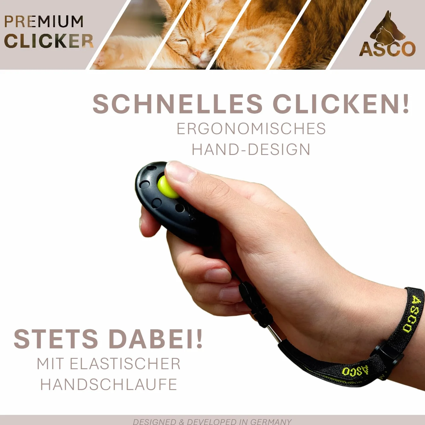 ASCO Clicker Premium Clicker, kliker dla psa do profesjonalnego treningu na kliker z elastyczną taśmą, niebieski AC04PA