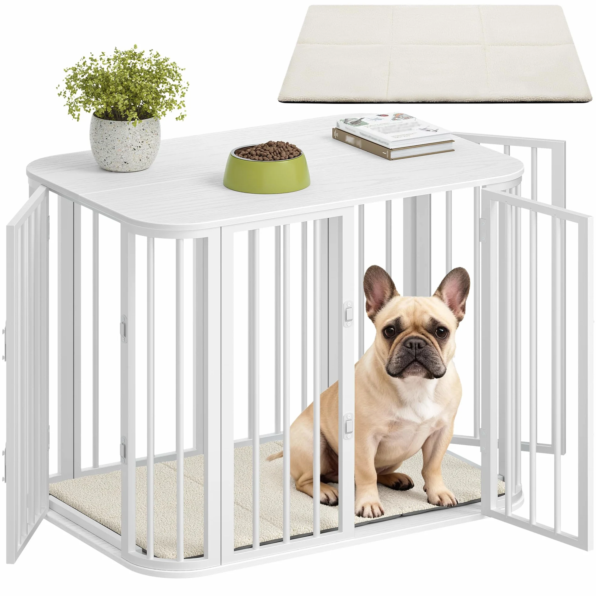 Hzuaneri Mebel klatka dla psa, klatka dla psa do użytku wewnętrznego z poduszką, nowoczesny design z trzema drzwiami, stolik pomocniczy z drewna, nadaje się dla małych i średnich psów, 80 x 55 x 61,5