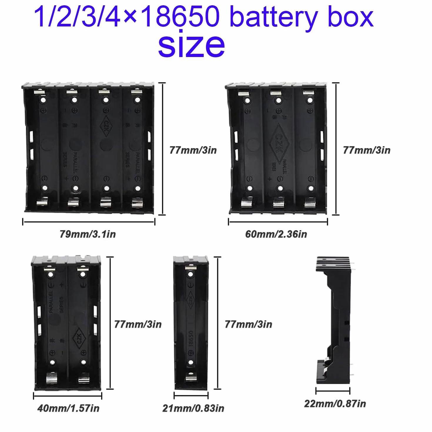 Uchwyt na baterie 18650 1/2/3/4 x 3,7 V czarny plastikowy z trzpieniem