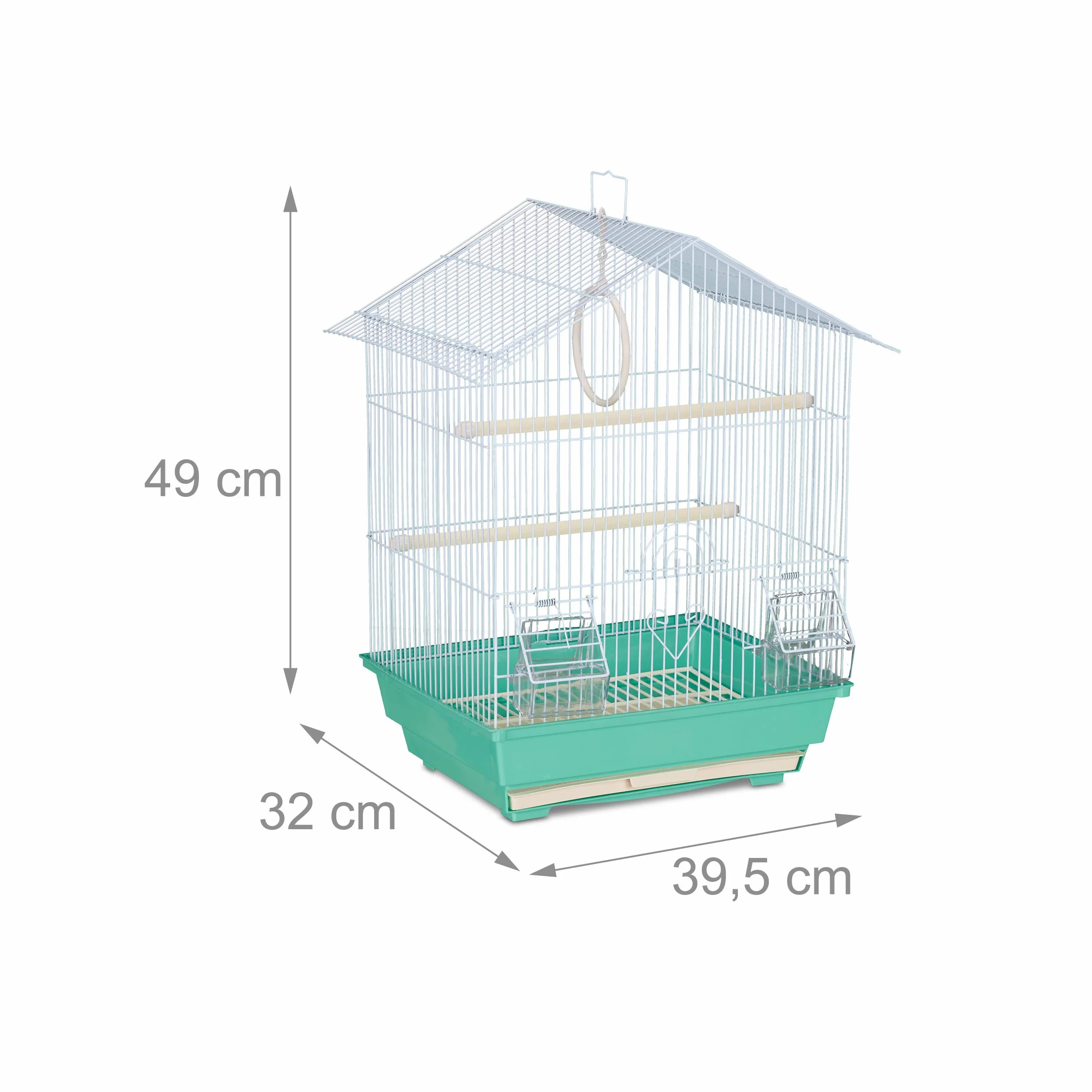 Relaxdays Bird Cage klatka dla ptaków kanarków, drążki do siedzenia i miski na karmę, wys. x szer. x gł.: 49 x 39,5 x 32 cm, jasnoniebieska/miętowa zieleń, tworzywo sztuczne