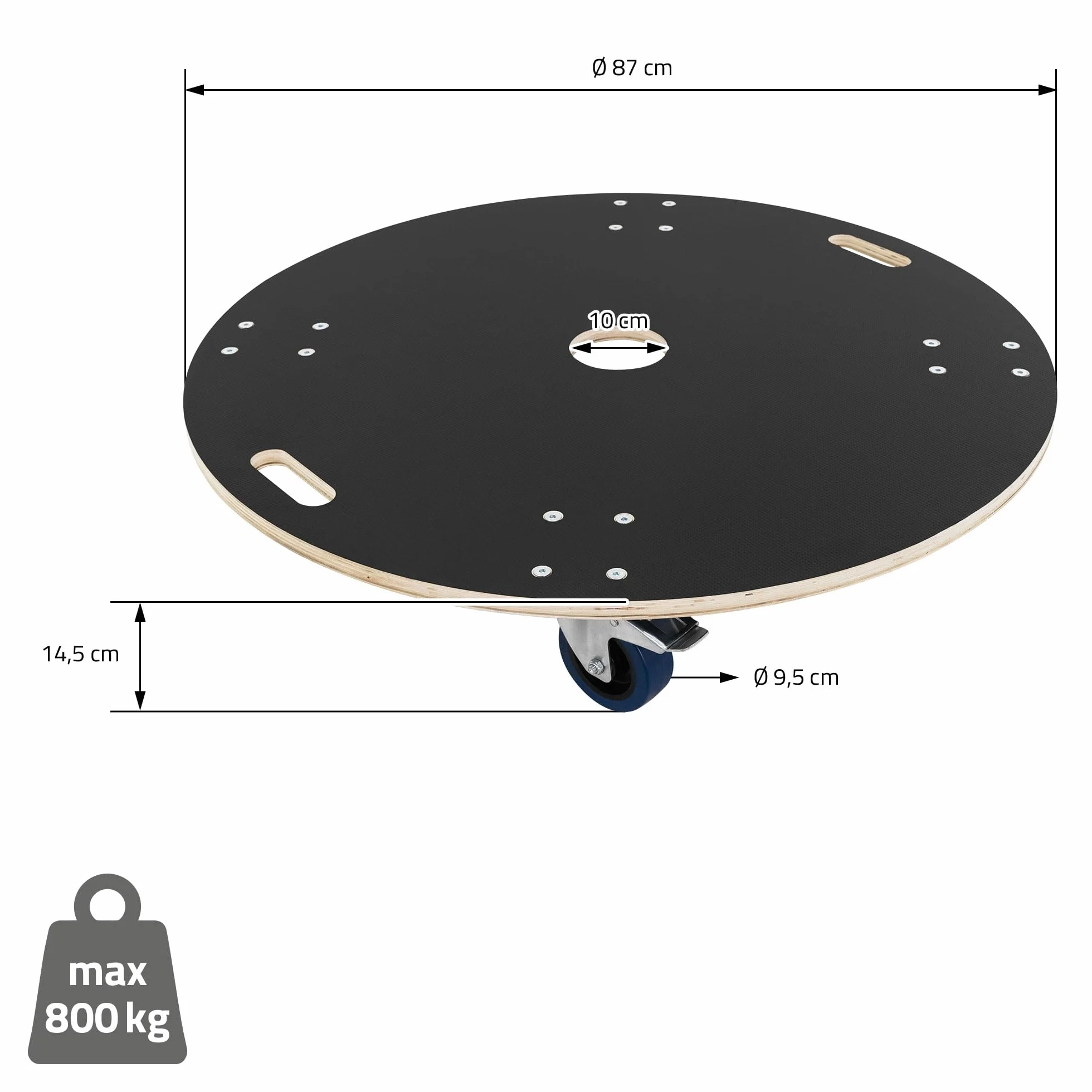 ECD Germany wózek transportowy okrągły Ø87x14,5 cm 800 kg z kołami obrotowymi i hamulcem