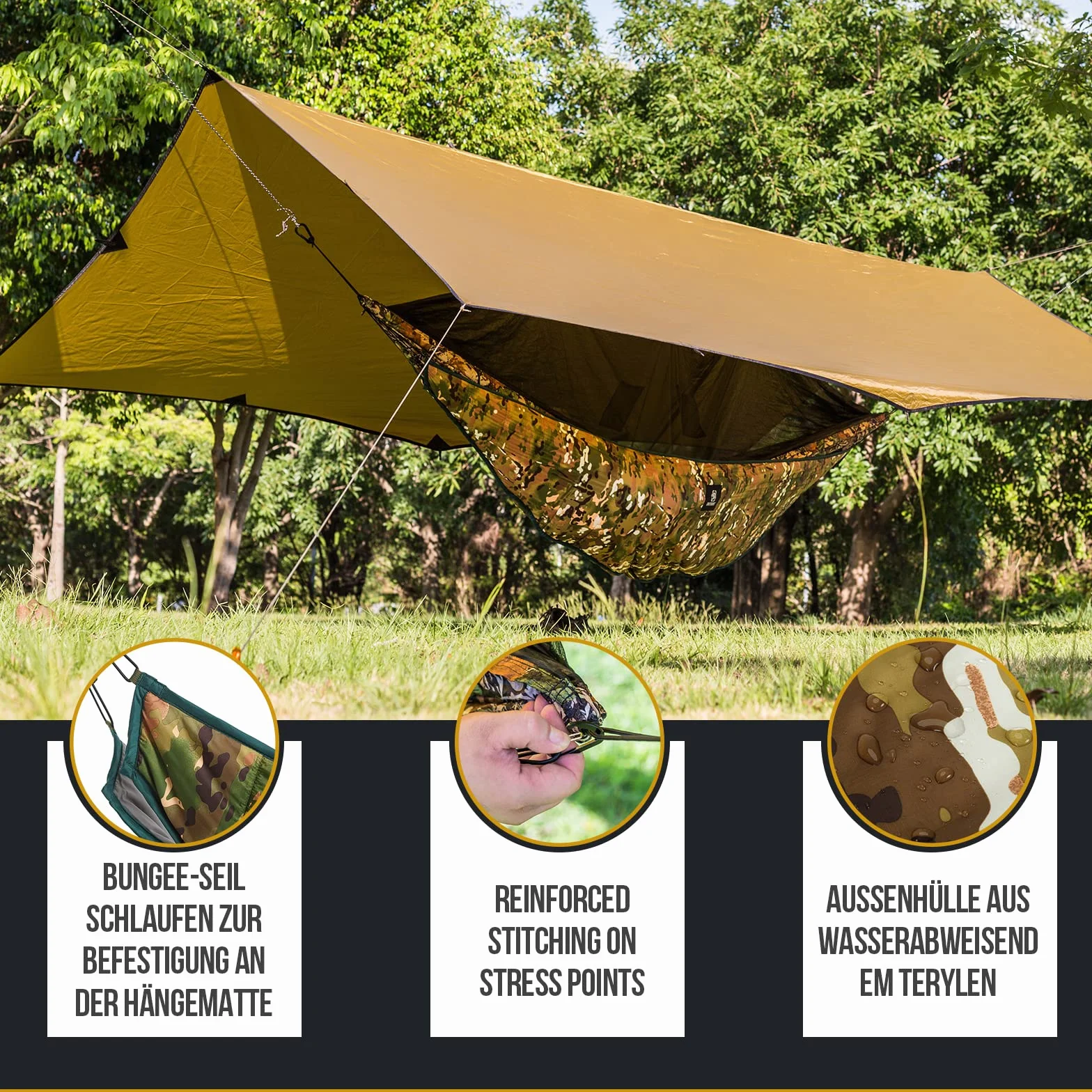 OneTigris Hideout Hamak, mata pod hamak, podsufitki, ochrona cieplna, ultralekki, do aktywności na świeżym powietrzu, wędrówek, na kemping, 280 x 120 cm, moro