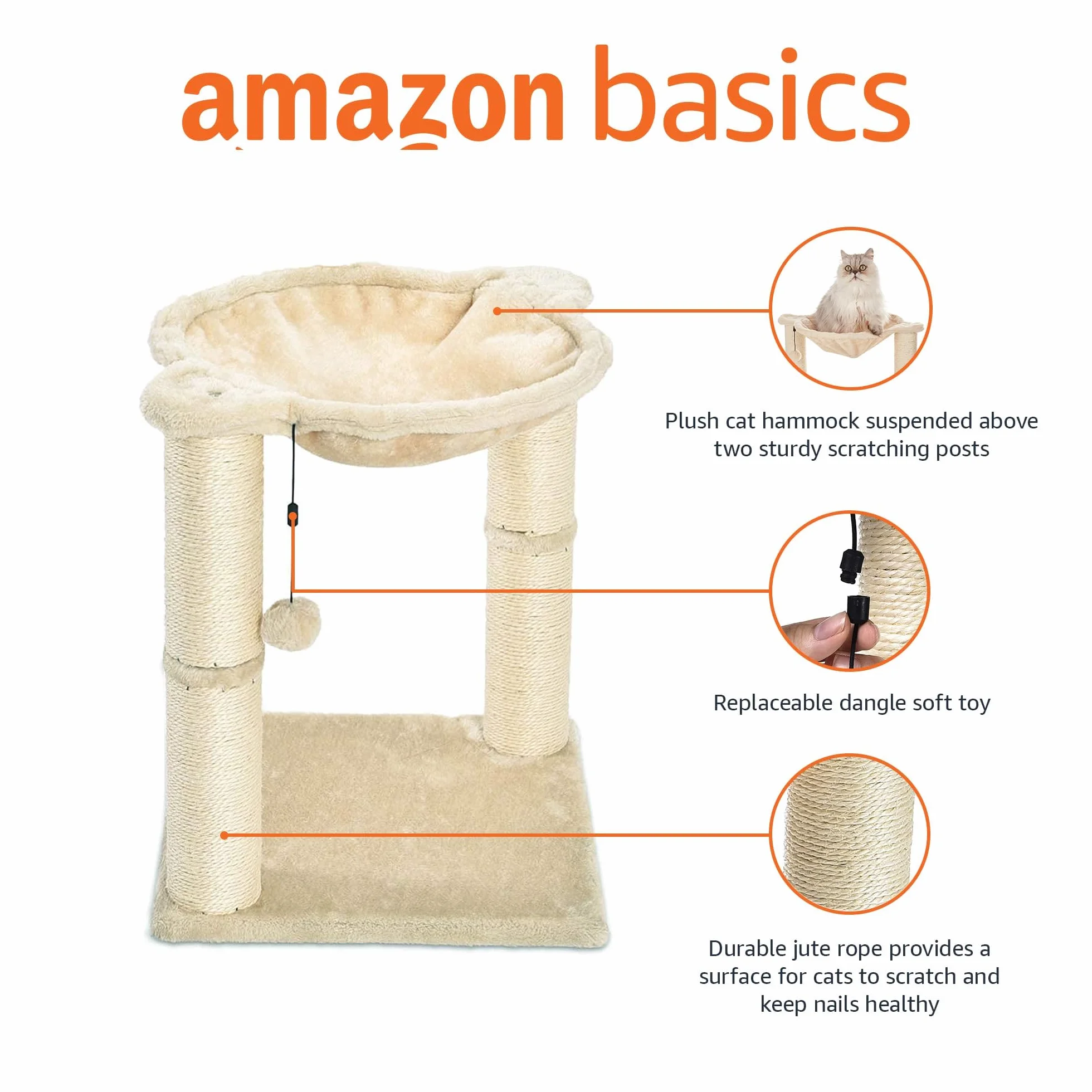 Amazon Basics Wieża dla kota z leżem w formie hamaka i drapakiem, 40,64 x 50,80 x 40,64 cm, beżowa