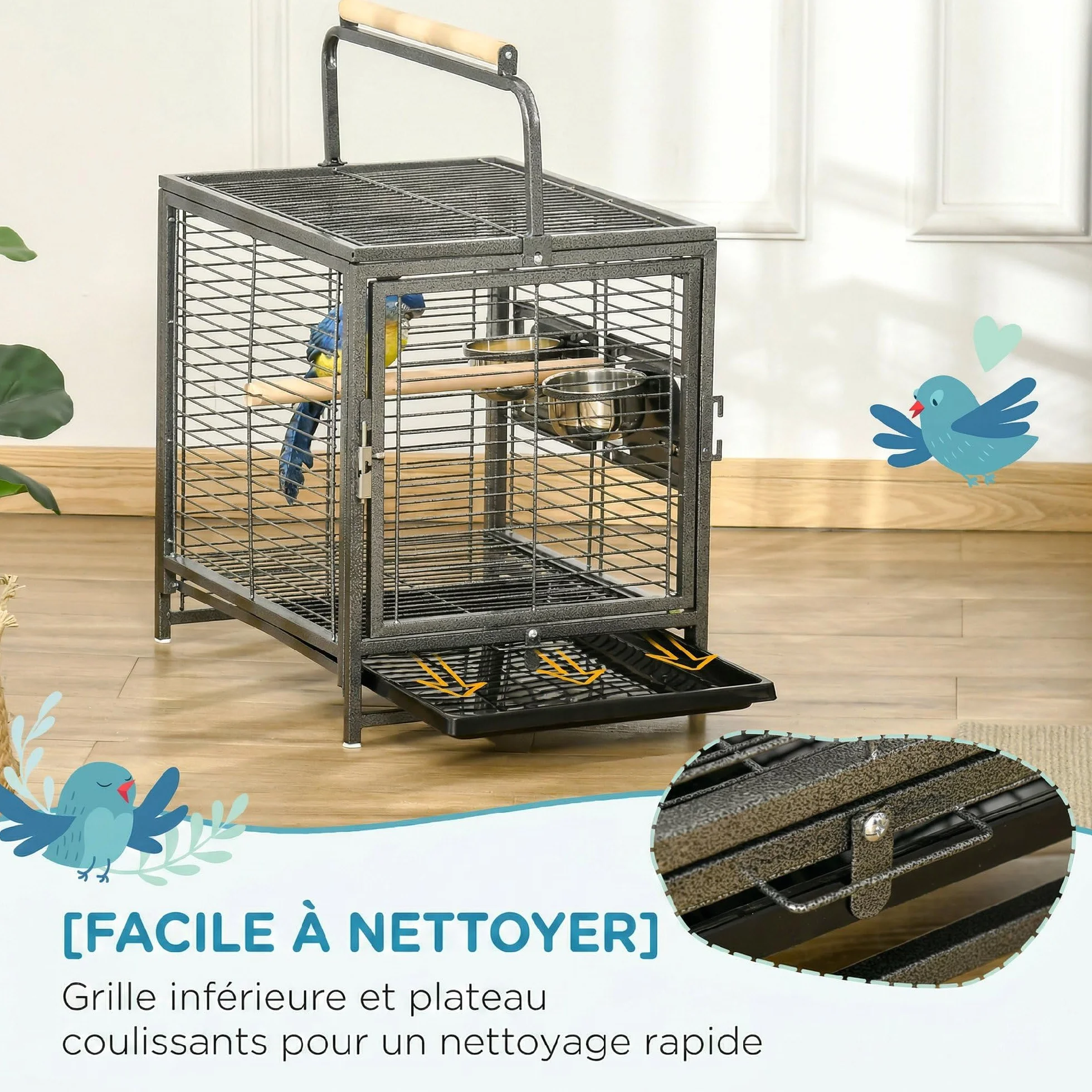 PawHut Stalowa klatka transportowa dla papug, klatka dla ptaków z 2 miskami ze stali nierdzewnej, 2 drewniane okonie, zdejmowana dolna taca, do koguta, konury, szary afrykański, czarny