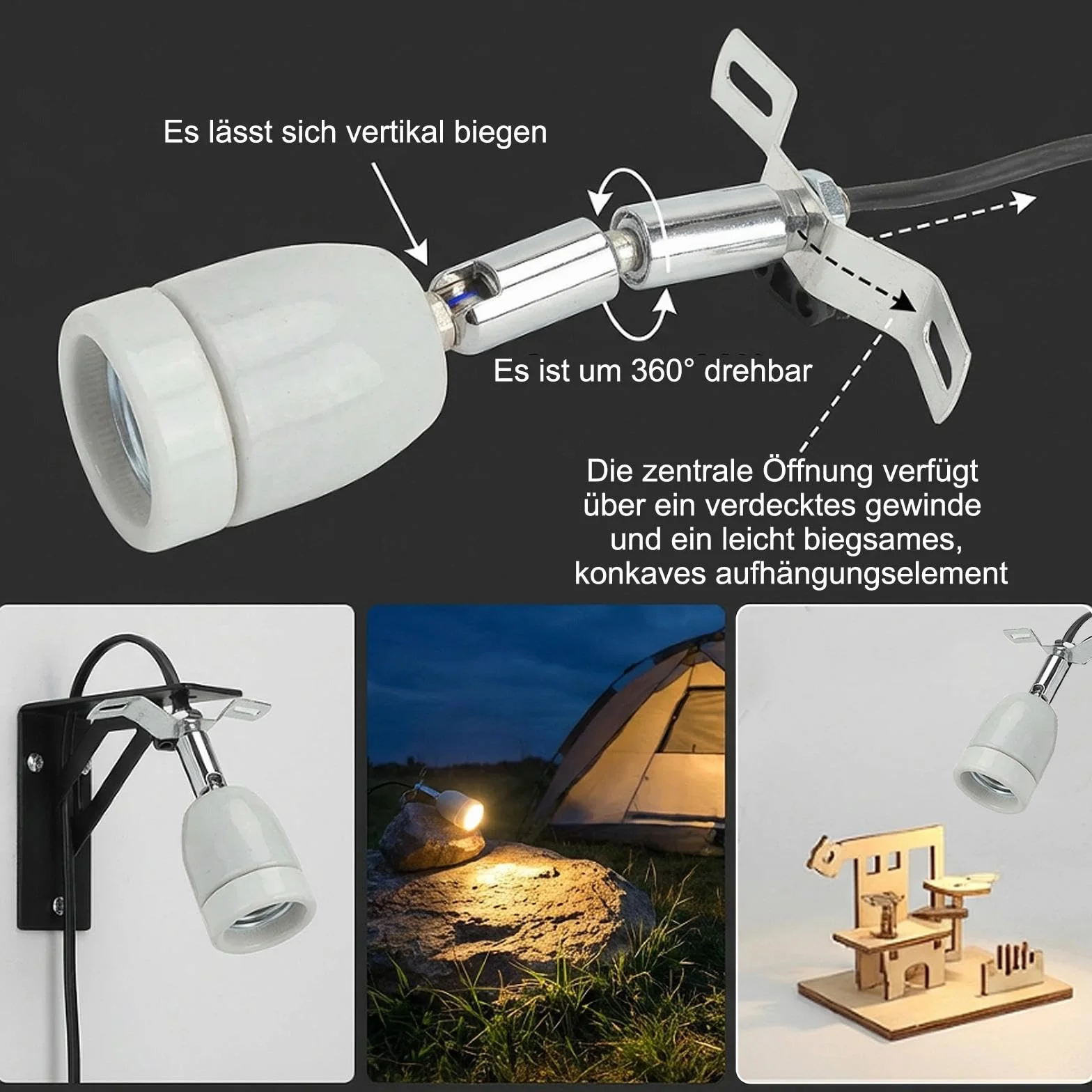 TNSLAND Oprawa lampy grzewczej E27, dla gadów, terrarium, ceramiczna, z przełącznikiem, kablem, obracana o 360°, do akwarium, dla gadów, jaszczurek, światła dziennego, biała