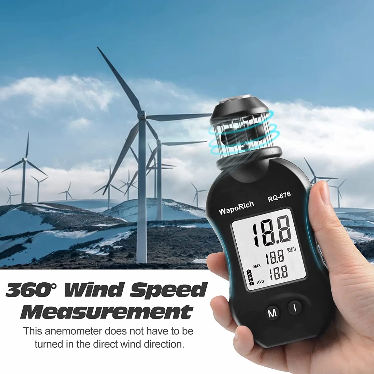 Mini Anemometr 360° Ręczny Miernik Prędkości Wiatru 0,7-42 m/s z Kompasem RQ-876