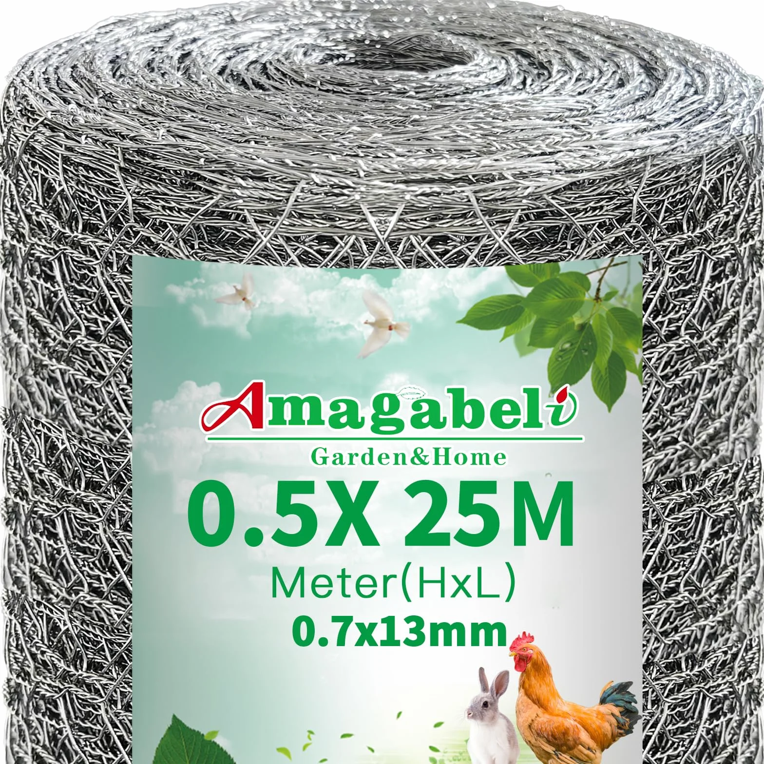 Amagabeli ocynkowany drut dla drobiu, 0,5 m x 25 m (sześciokątne otwory 13 mm), grubość 0,7 mm (grubość 22), siatka dla drobiu, ogrodzenie dla królików i psów, obudowa dla zwierząt ogrodowych, odporna