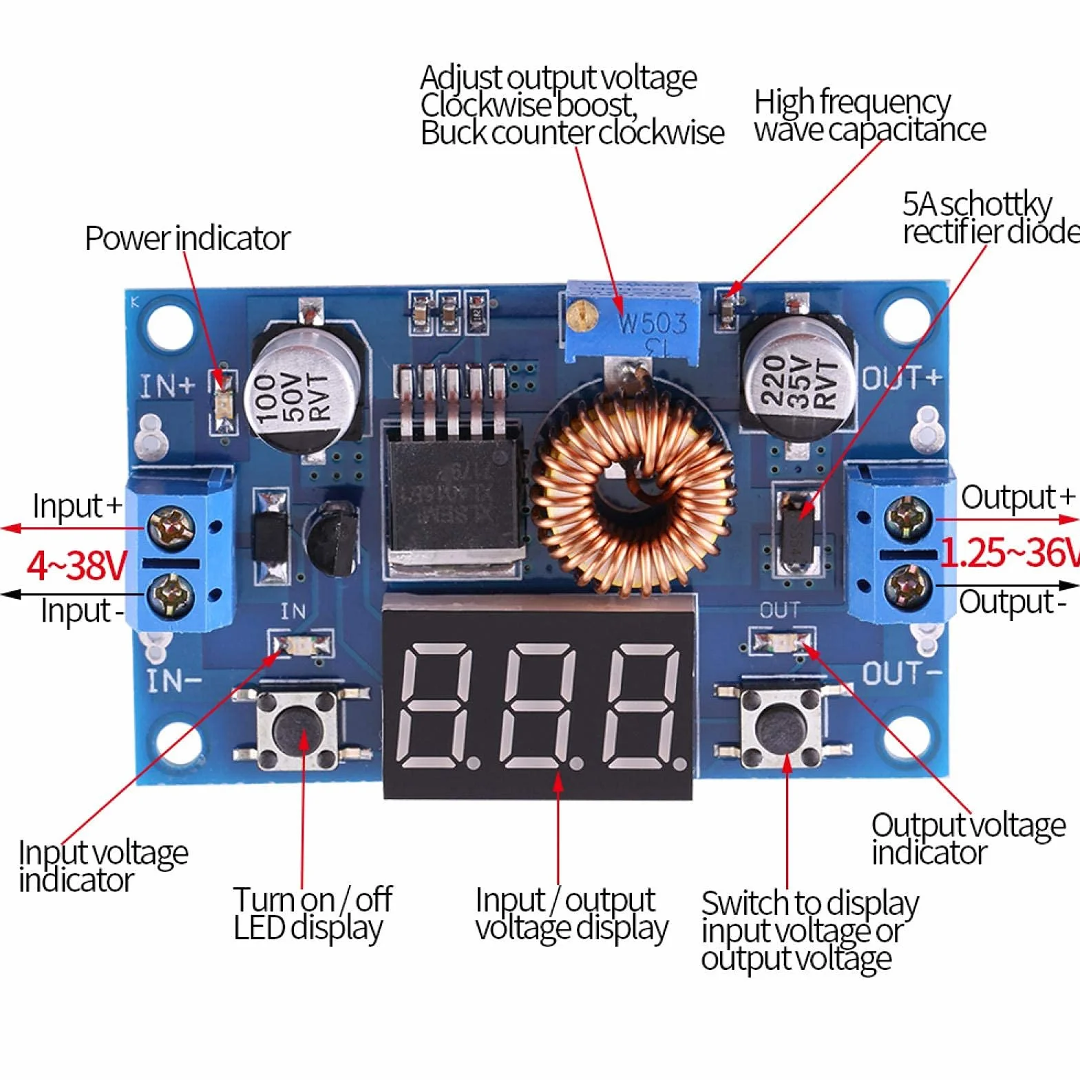 Regulator napięcia przetwornicy DC-DC moduł obniżający napięcie, 5 A, 4,0 V ~ 38 V do 1,25 V ~ 36 V, regulowany