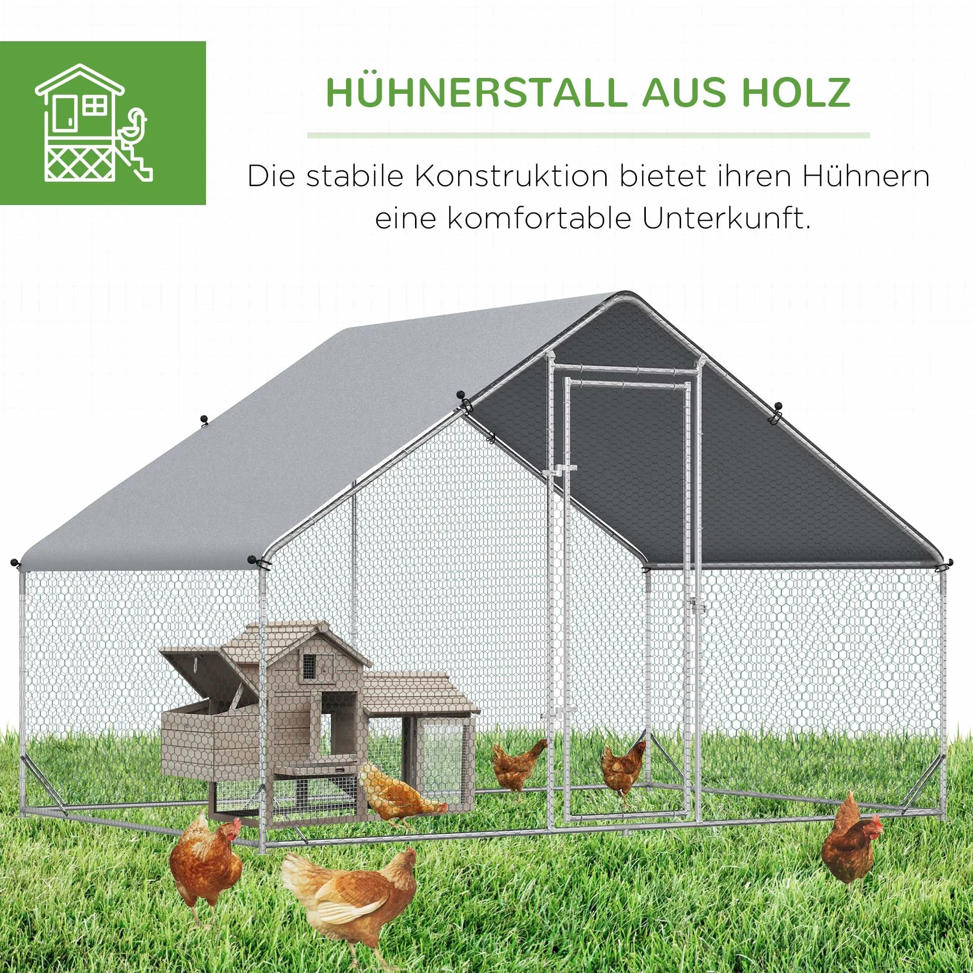 PawHut Kurnik ze stali 300x200x200 cm klatka dla kur z osłoną drzwiami wybieg dla 4-6 kur srebrny