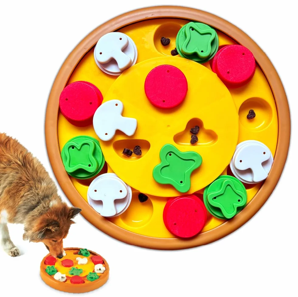 Brightkins Pizza Party Treat Puzzle, interaktywna zabawka dla psów, antypoślizgowy dozownik smakołyków, zabawka dla psa do stymulacji psychicznej i powolnego karmienia, 1 sztuka
