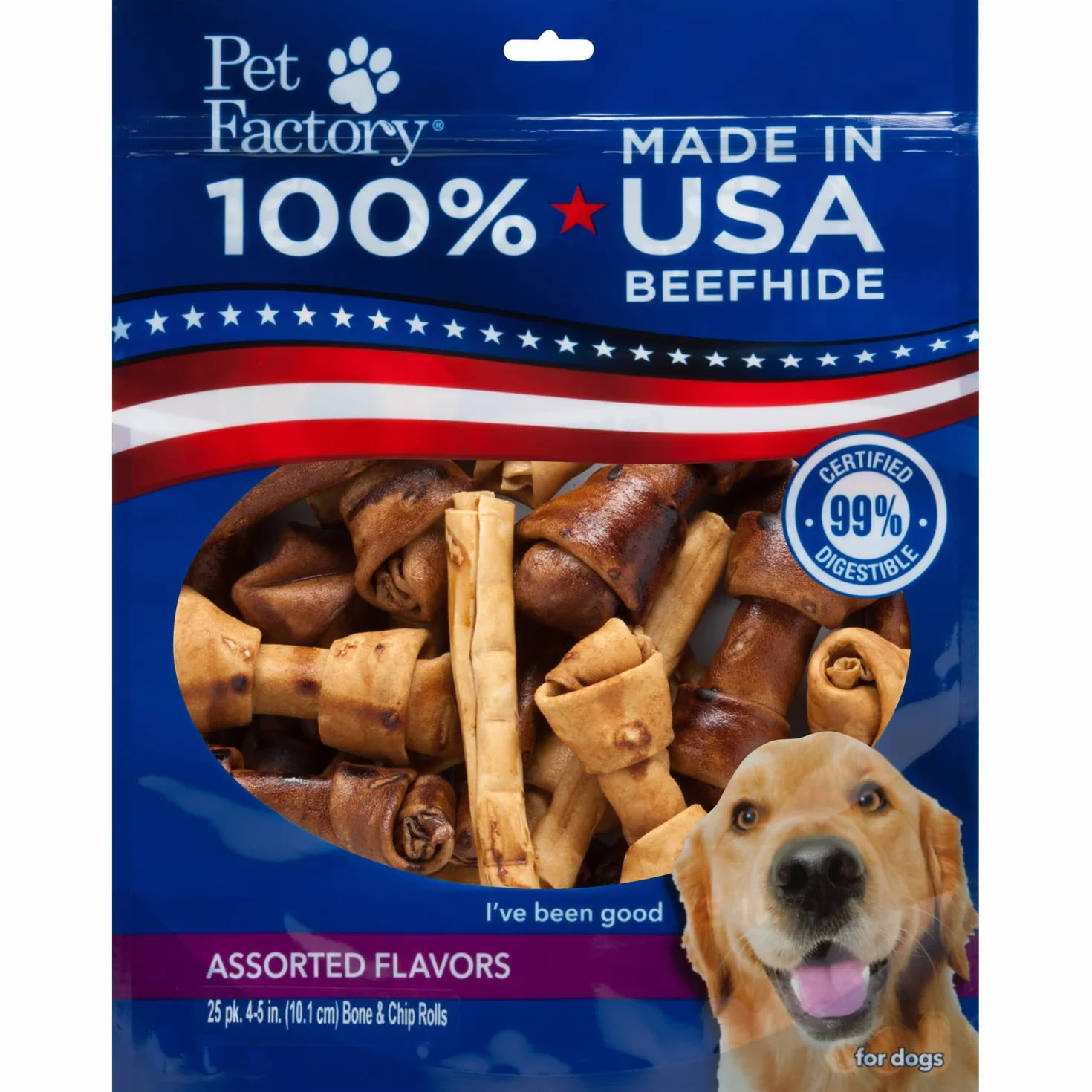 Pet Factory Żucia dla psów, w 100% wyprodukowane w USA (12 kości, 13 rolek frytek), różne smaki (wołowina i kurczak), smakołyki dla małych psów, 10-6 cm, 25
