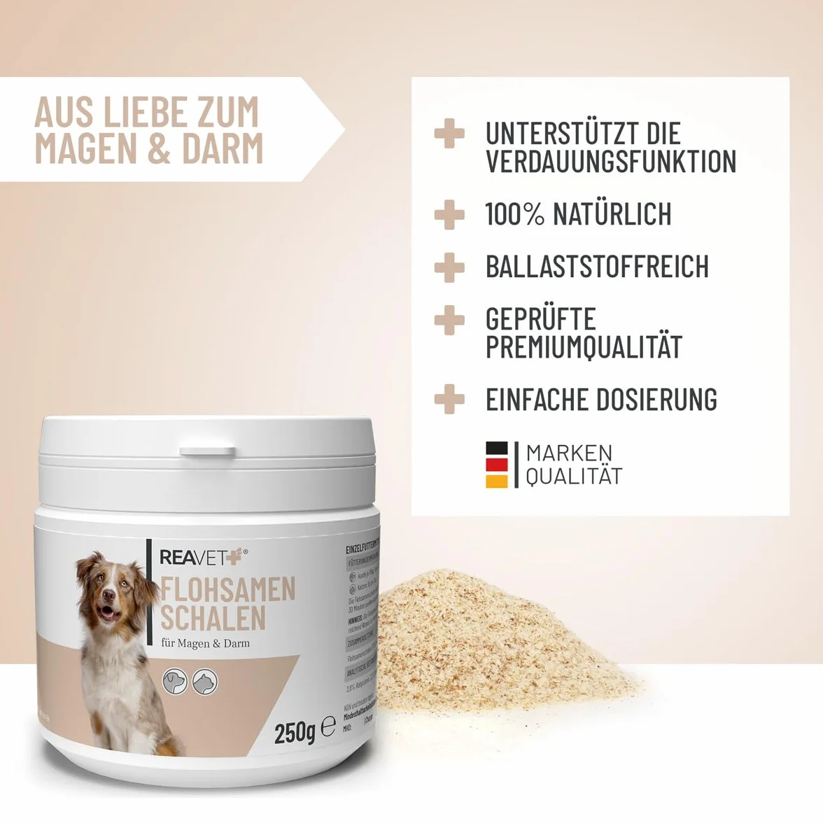 ReaVET Łuski psyllium dla psów i kotów 250 g – naturalne, czyste w jakości premium, bogate w błonnik, bezglutenowe, nasiona pcheł dla psów i kotów w jakości premium, bez dodatków