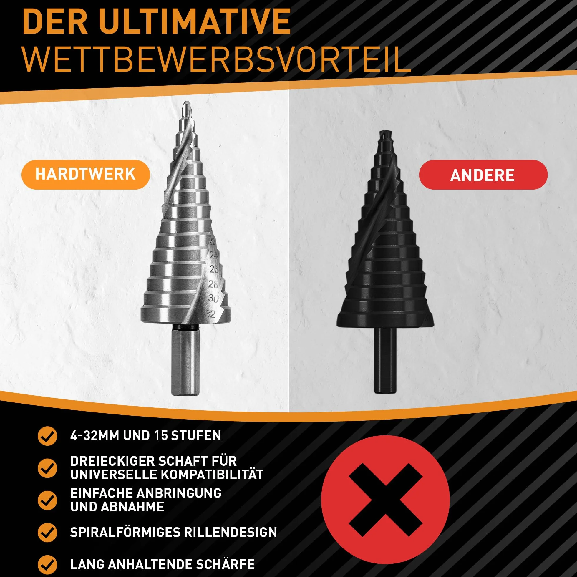 HARDTWERK Wiertło stopniowe stożkowe HSS 4-32 mm trójkątny trzonek do metalu drewna tworzywa sztucznego