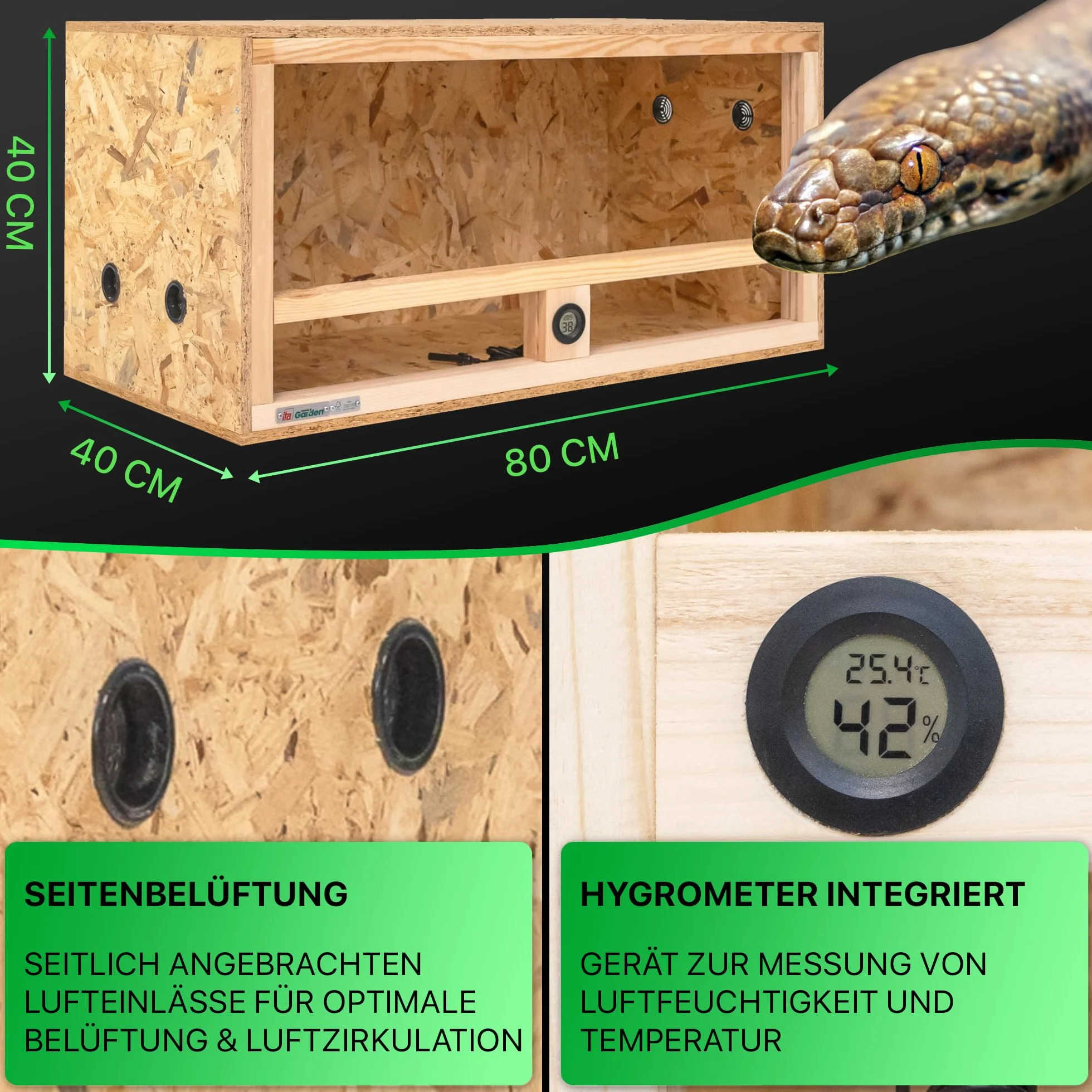 Terrarium z drewna 80x40x40 cm z wentylacją boczną i wbudowanym higrometrem, terrarium z drewna OSB3, dla gadów, węży, płazów, produkt UE, certyfikat FSC