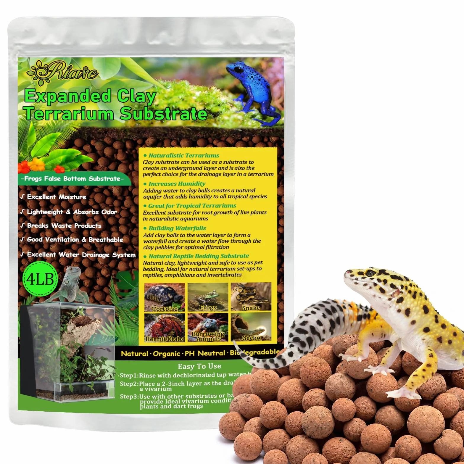 Riare Rozszerzone kulki z gliny, podłoże terrarium dla gadów, żab, sztuczne podłoże dolne, bioaktywne podłoże terrarium do drenażu i wilgoci (5 l)