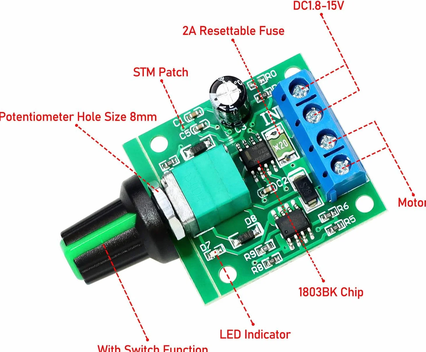 Gebildet PWM Regulator Prędkości Silnika DC 1.8V-12V 2A 1803BK Regulowany Przełącznik Sterownika