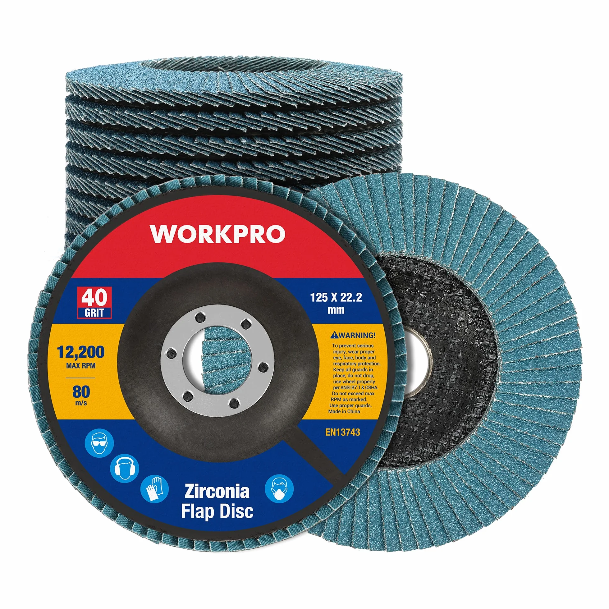 WORKPRO Zestaw 10 tarcz ściernych 125 mm, ziarno 40, tlenek glinu