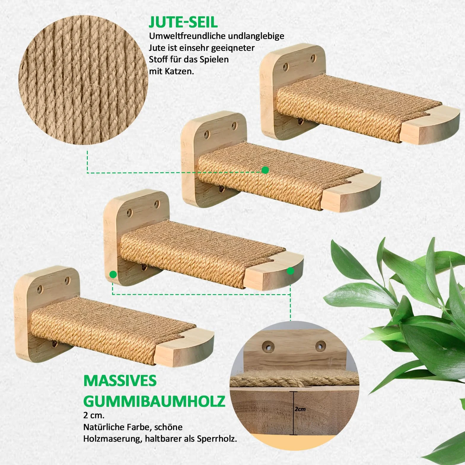 Ściana schodowa dla kota (4 szt.), ścianka wspinaczkowa dla kotów, z wkładką rzemieślniczą, z litego drewna gumowego o grubości 2 cm, do wspinaczki kotów, maksymalna nośność 35 kg