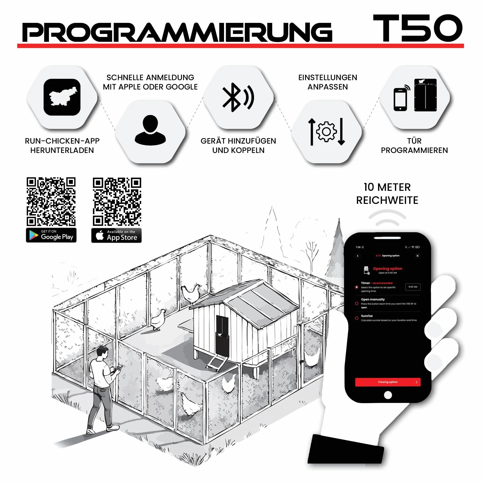 RUN-CHICKEN Drzwi Automatyczne do kurnika, Onyx – Aluminium, zasilanie bateryjne (2 x AA), sterowanie przez aplikację, czujnik światła i timer z opóźnieniem, odporne na warunki atmosferyczne – drzwi