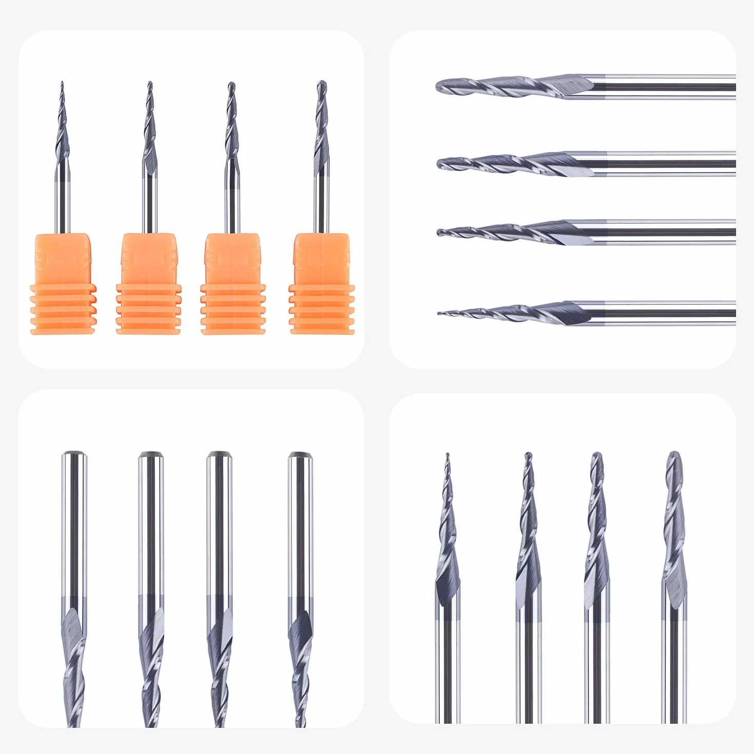 SpeTool 4-Częściowy Frez Kulisty z 2 Ostrzami i Końcówką Stożkową, CNC R0,25 mm-1,0 mm, Pełnowęglikowy z Chwytem 3,175 mm (1/8") z Powłoką TiAlN do Grawerowania 2D i 3D