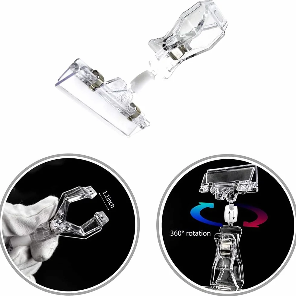 16Pcs Clear Sign Clips Plastic Clip Sign Holder Stand, Swivel Price Clips Clothing Rack Signs Tag Clothing Rack Signs