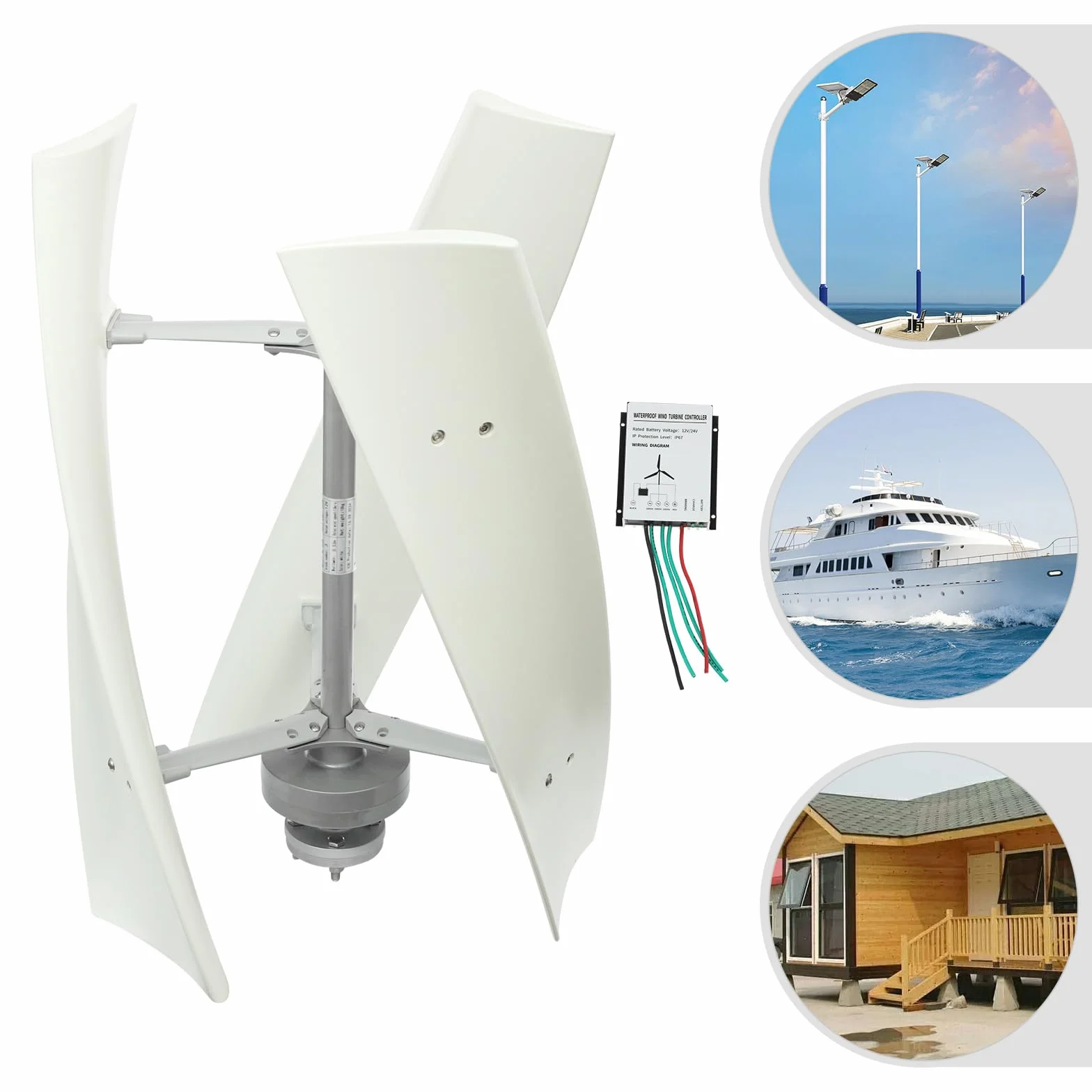 Pionowa turbina wiatrowa 100 W, z inteligentnym mikroprocesorem i automatyczną funkcją hamowania, IP67, cicha praca (3 otwory kołnierzowe, 12 V)
