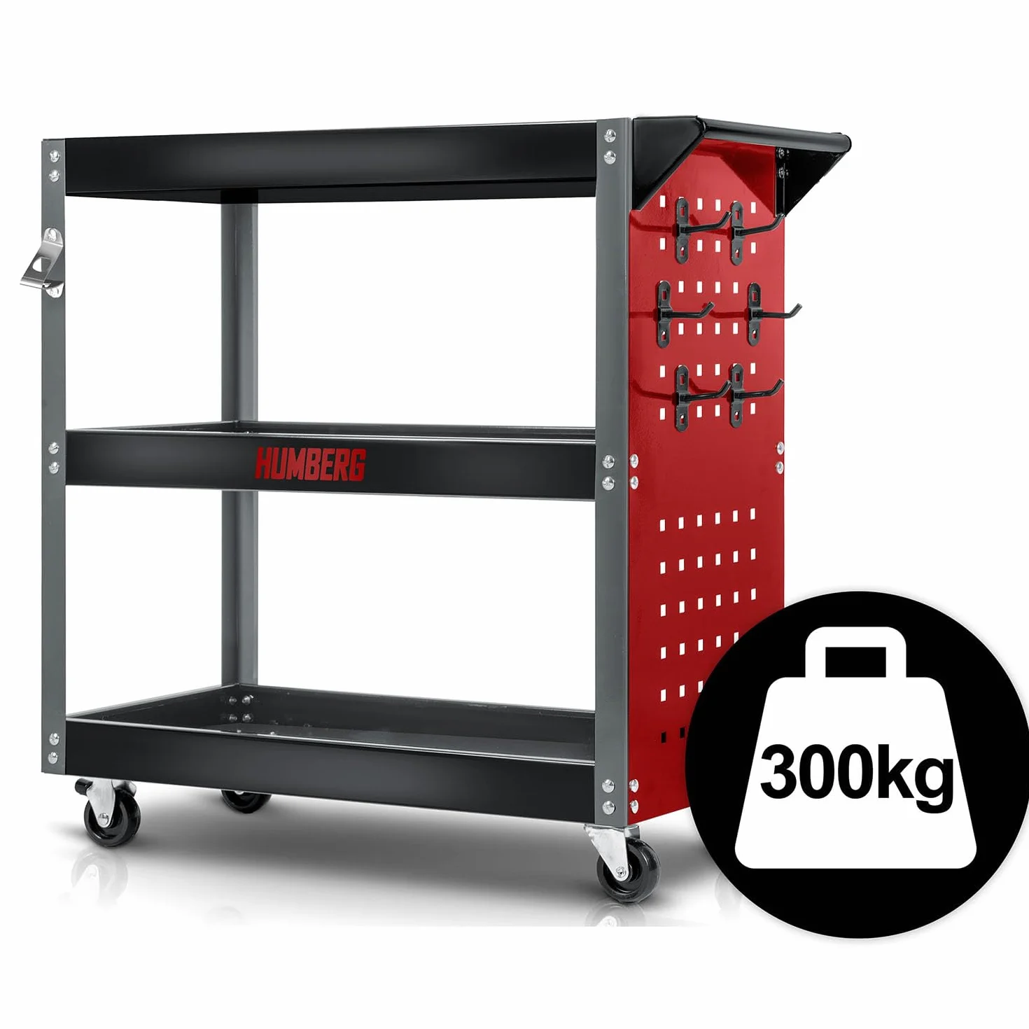 Humberg Wózek Warsztatowy do Garażu - 3-Poziomowy z 6 Haczykami - Udźwig do 300 kg - Stal i Aluminium 80 x 35 x 73 cm
