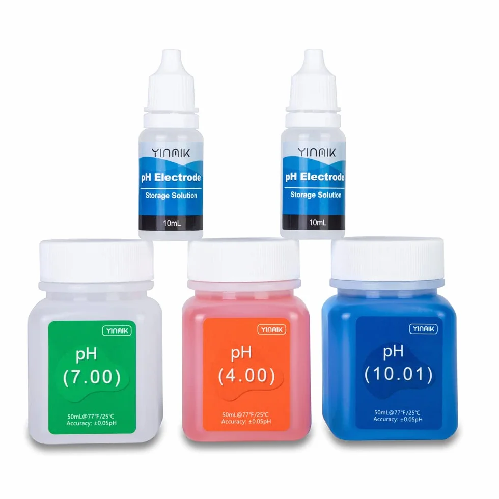 YINMIK zestaw do kalibracji miernika pH (4.00, 7.00 i 10.01) z zestawem do ochrony roztworu, 3 butelki po 50 ml roztworu buforowego do kalibracji pH i 2 butelki po 10 ml roztworu KCL do sond pH dla