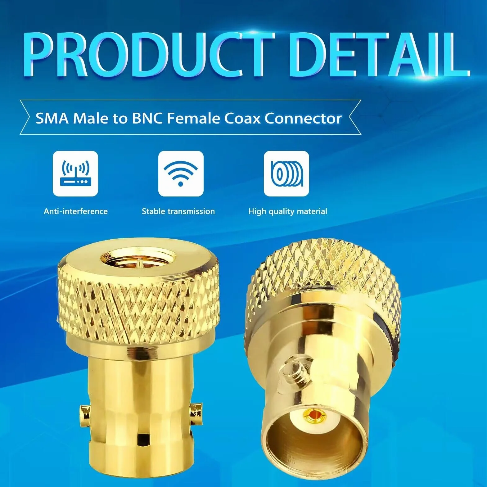 SMA-Stecker auf BNC-Buchse HF-Koax-Anschluss für Funkgerät 2er-Set vergoldet