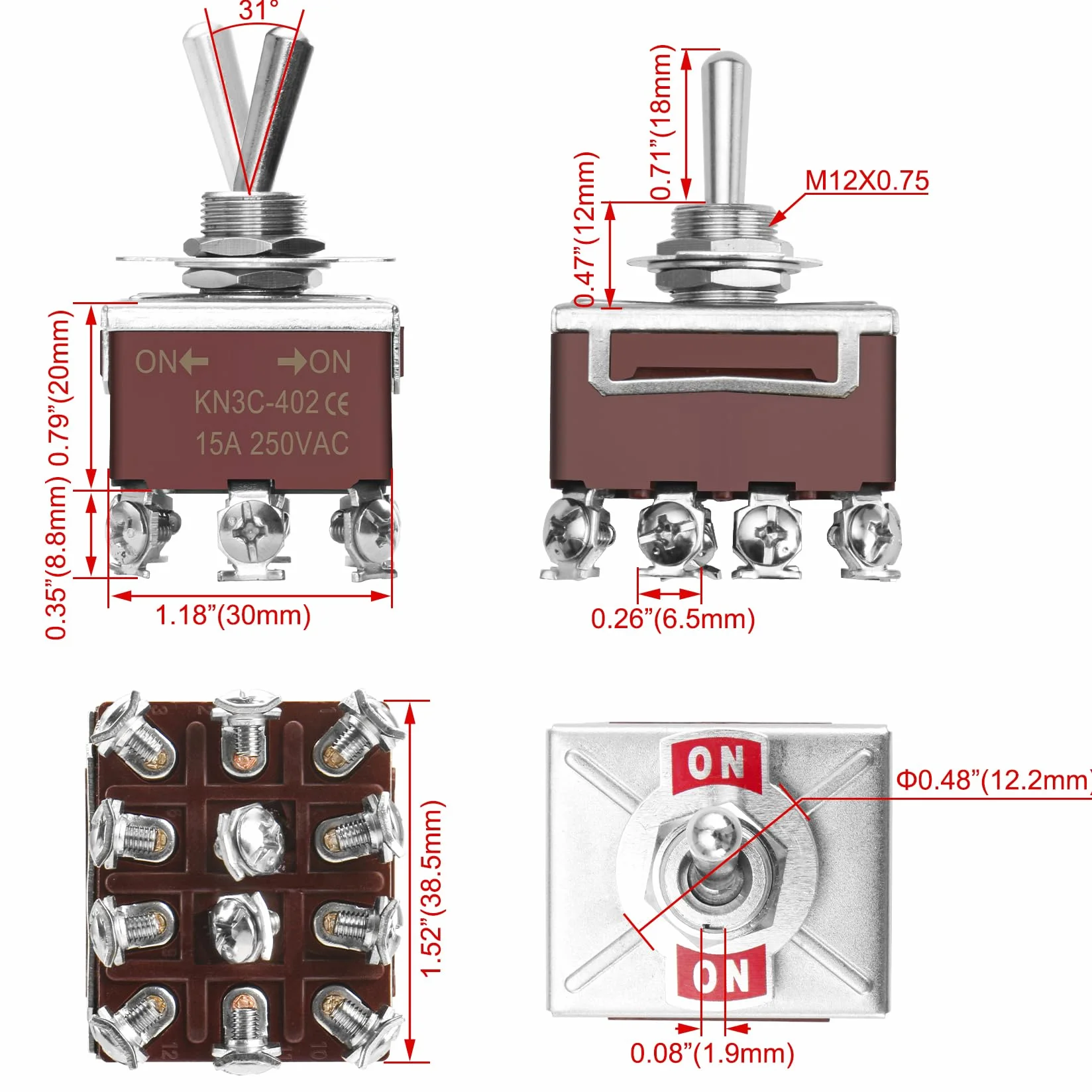Heschen Metalowy przełącznik dwustabilny, 4PDT, konserwowany, ON/ON 2 pozycje, 15 A 250 VAC, 10 A 380 VAC, CE
