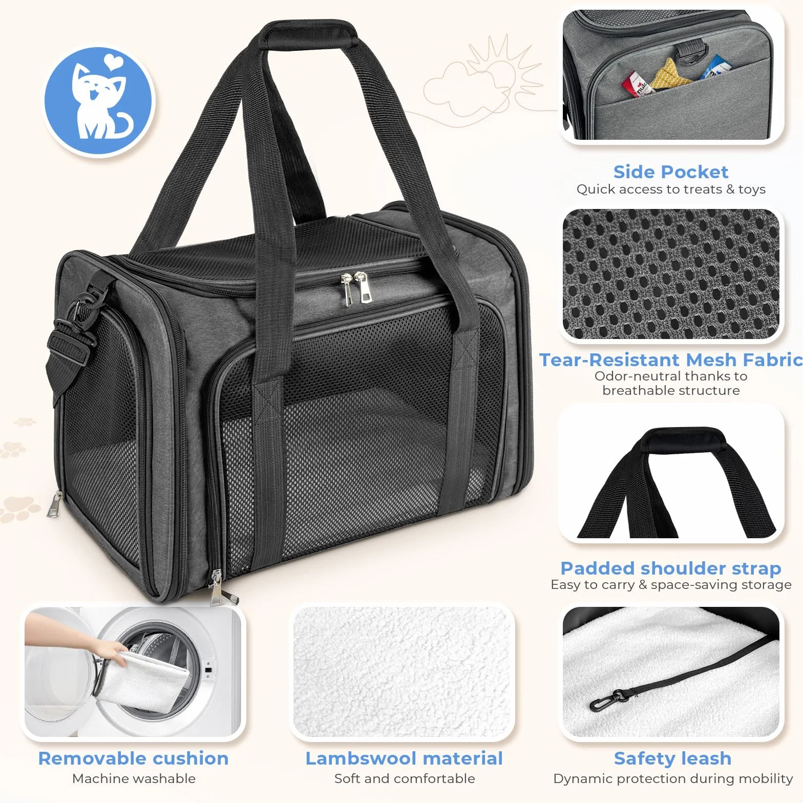 Torba transportowa dla kota, psa do 5 kg, przenośna, składana, z paskiem na ramię, dla średnich i małych zwierząt domowych (ciemnoszara, 43 x 28 x 28 cm)