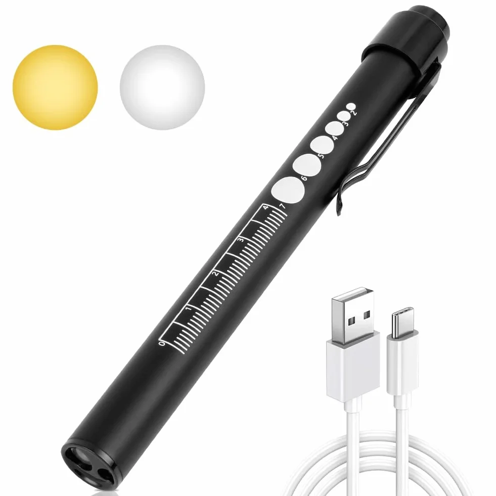 Flintronic Latarka diagnostyczna, medyczna, do kontroli źrenic, dla pielęgniarek, służb ratunkowych, studentów, wyposażenie z miernikiem źrenic i linijką, lampa ładowana przez USB, latarka długopisowa