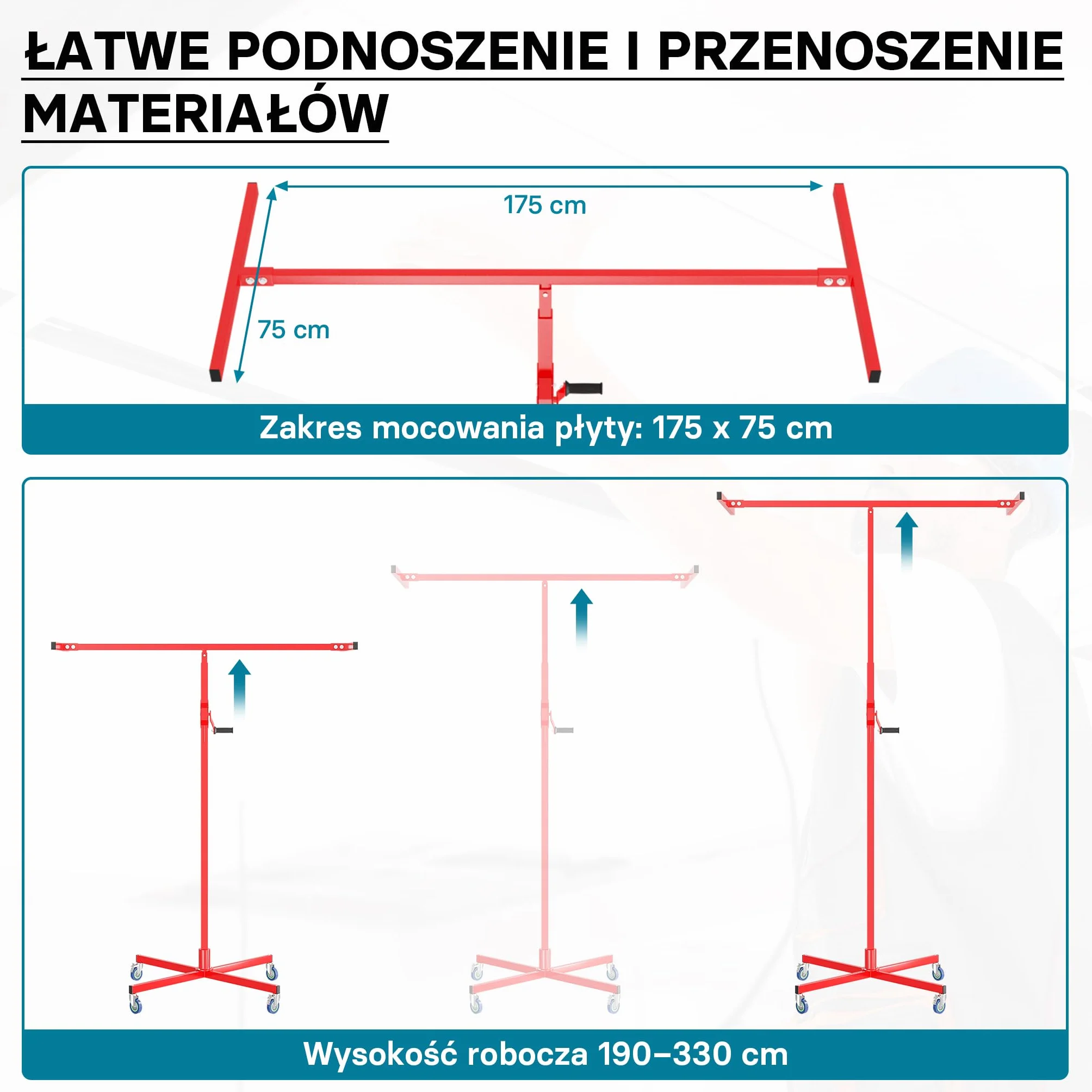 Podnośnik panelowy Wiltec 50 kg 190-330 cm 4 kółka hamulec postojowy
