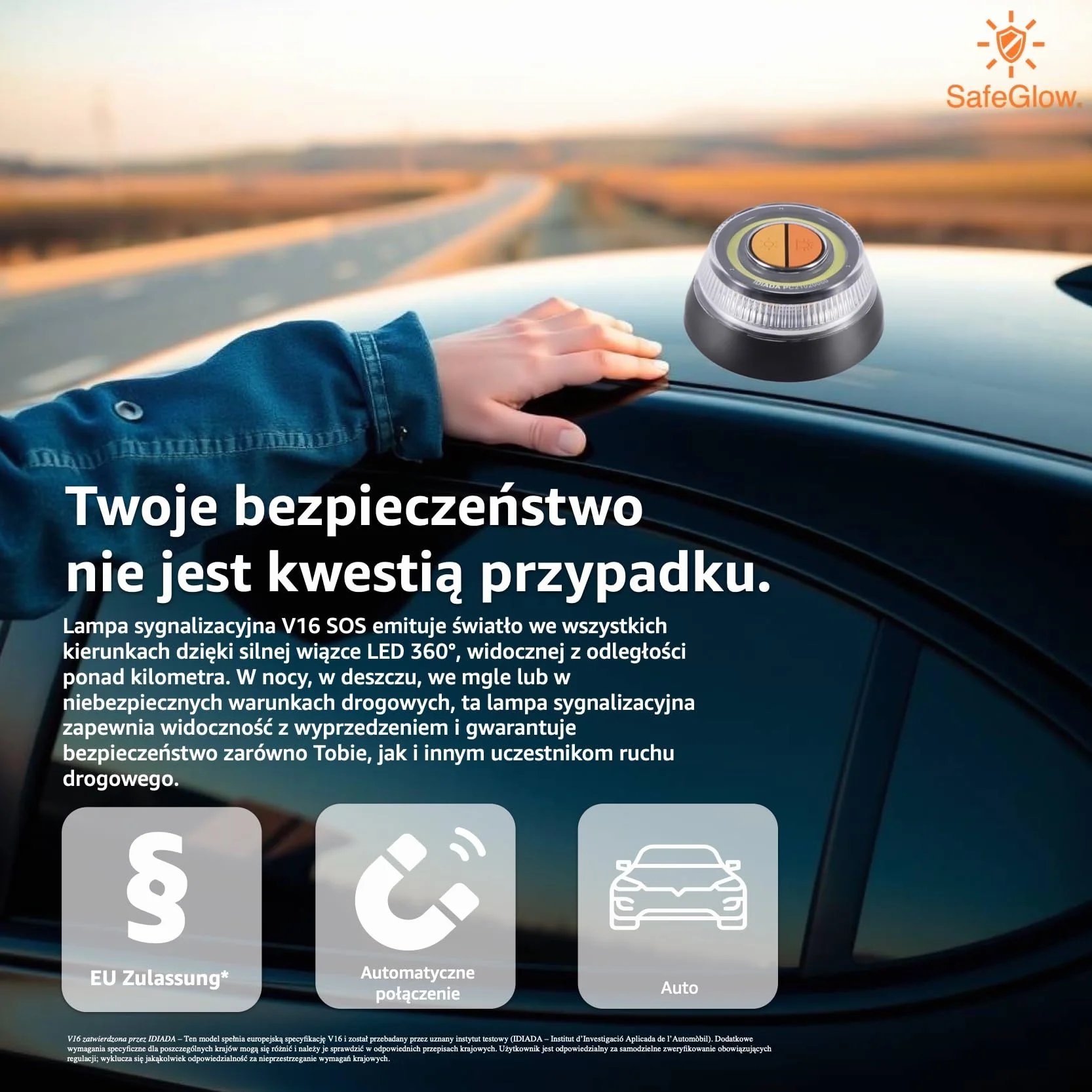 Lampa ostrzegawcza V16 2026 z homologacją IDIADA nr PC21020060 – Trójkąt ostrzegawczy – Trójkąt awaryjny – Aprobata UE – Do samochodów i motocykli