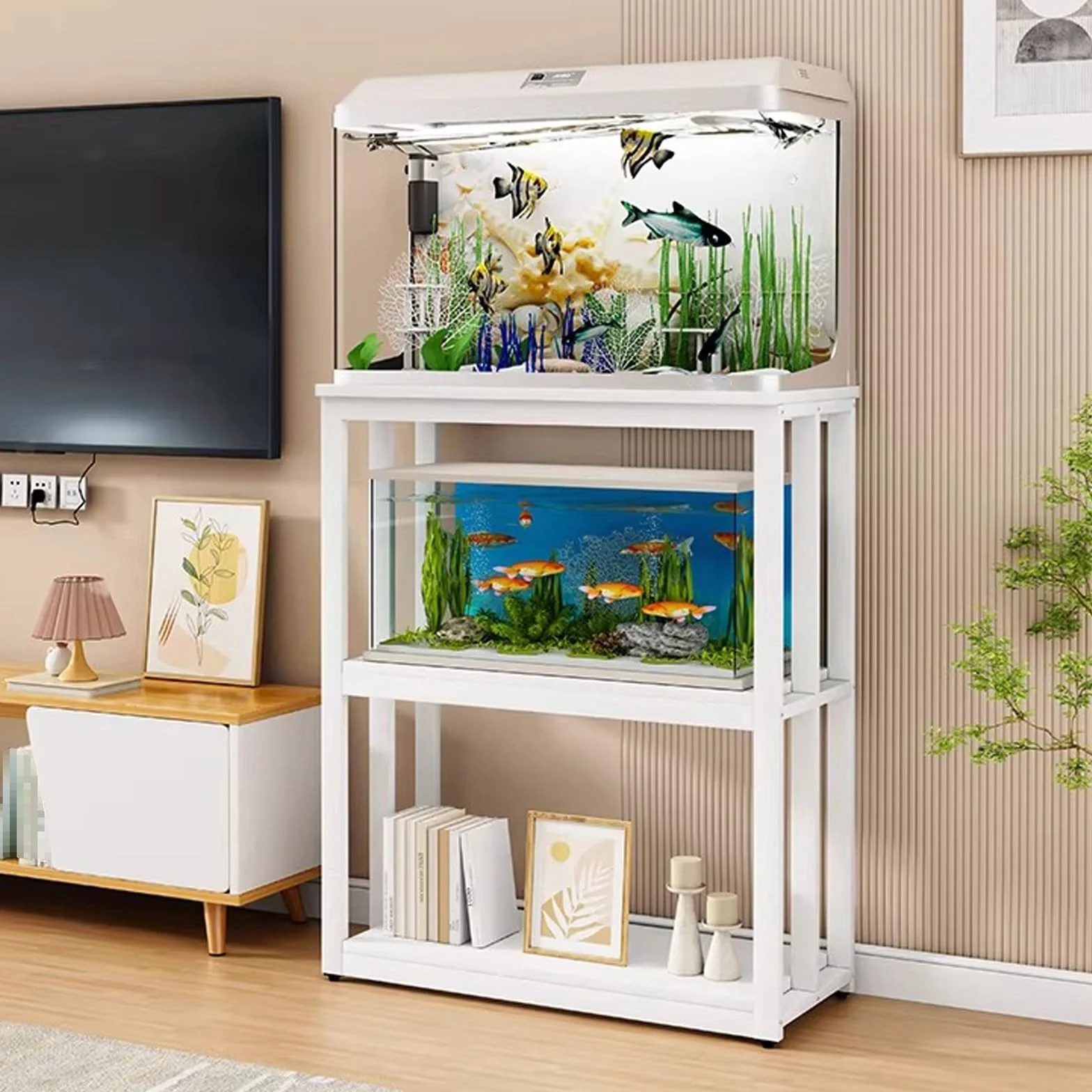 3-poziomowy stojak na akwarium, metalowy stojak do akwarium, z półką do przechowywania, otwartym terrarium i gadami, do domu i biura, stalowa rama, biały (61 x 30 x 120 cm)