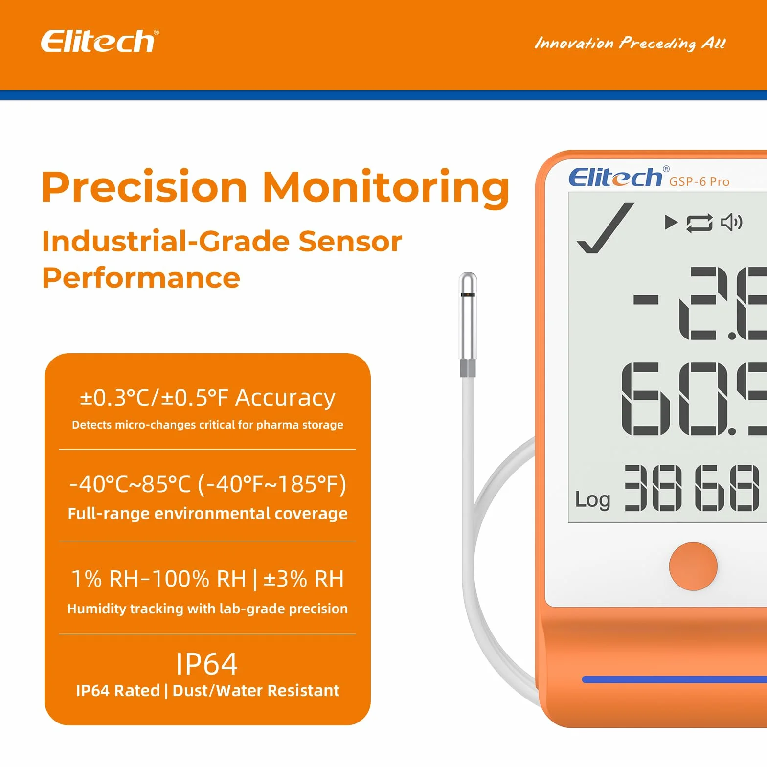Elitech Rejestrator temperatury i wilgotności GSP-6 duży wyświetlacz LCD łańcuch chłodniczy